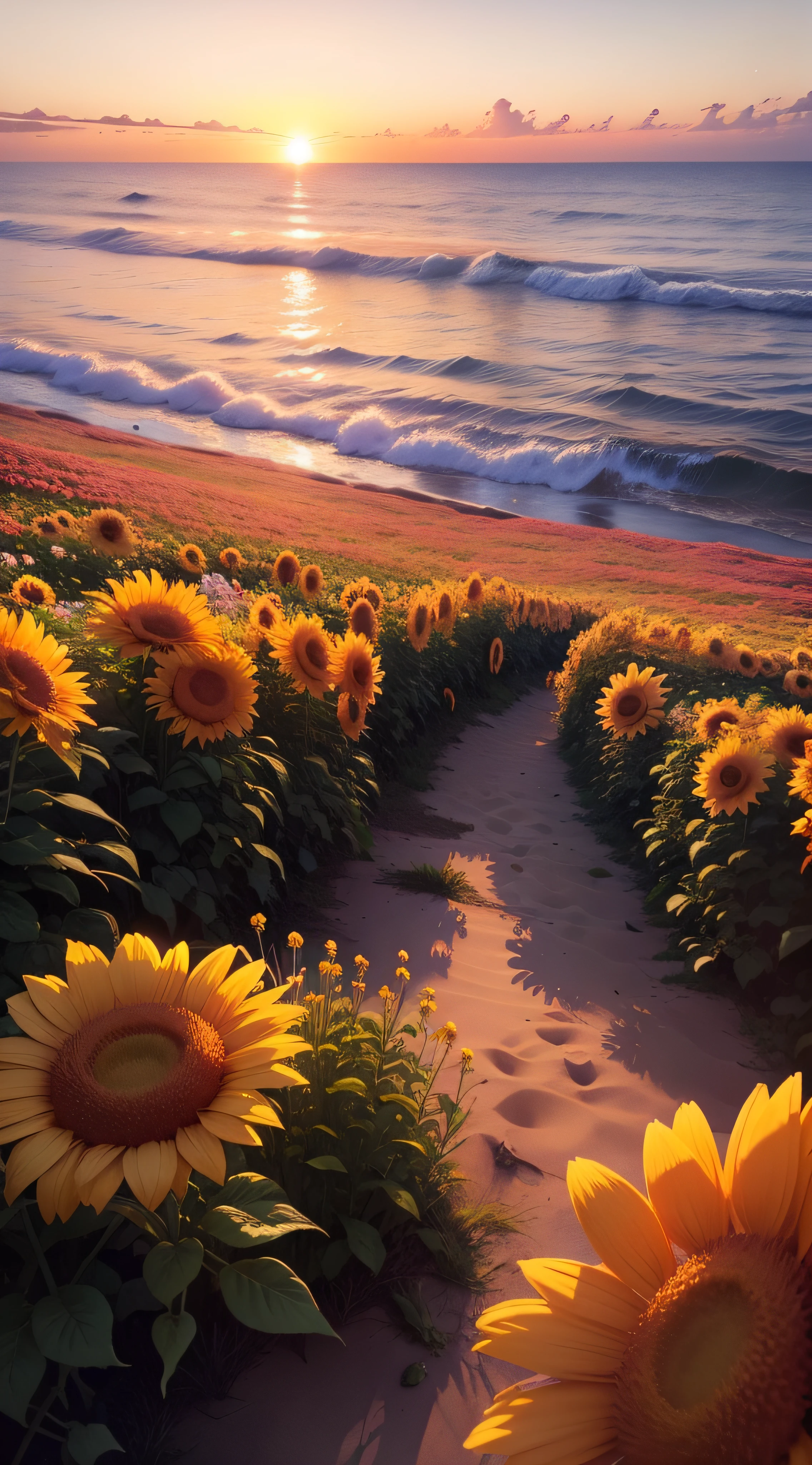 Sunset,In front of you is a sea of flowers,The setting sun slanted on the sea of flowers
