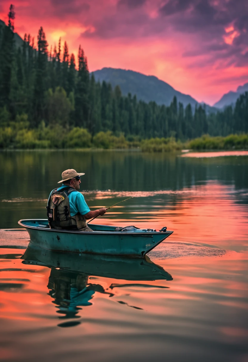 large mouth bass fish inside is a calm lake with the a man fishing in a boat