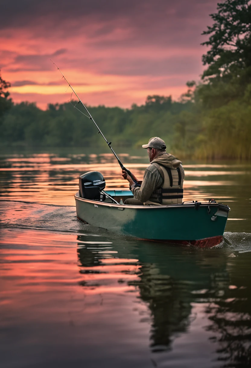 large mouth bass fish inside is a calm lake with the a man fishing in a boat