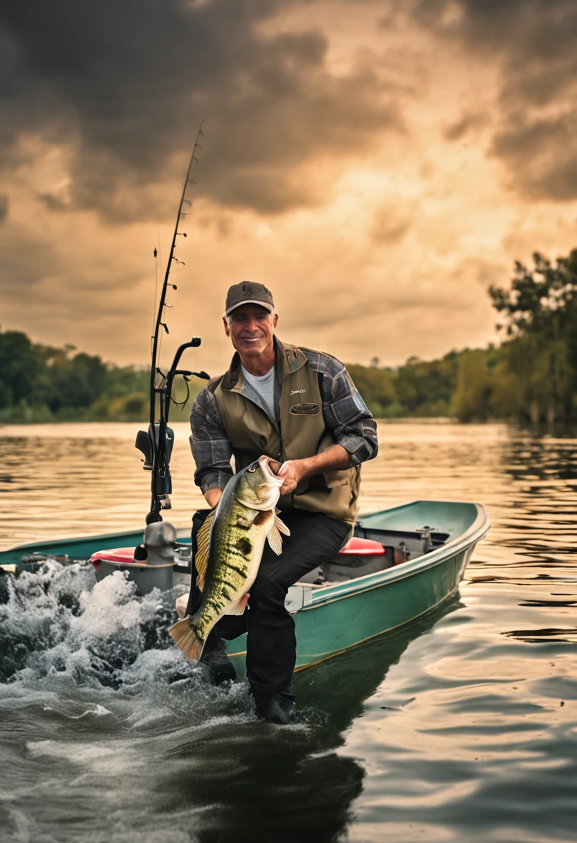 large mouth bass fish inside is a calm lake with the a man fishing in a boat