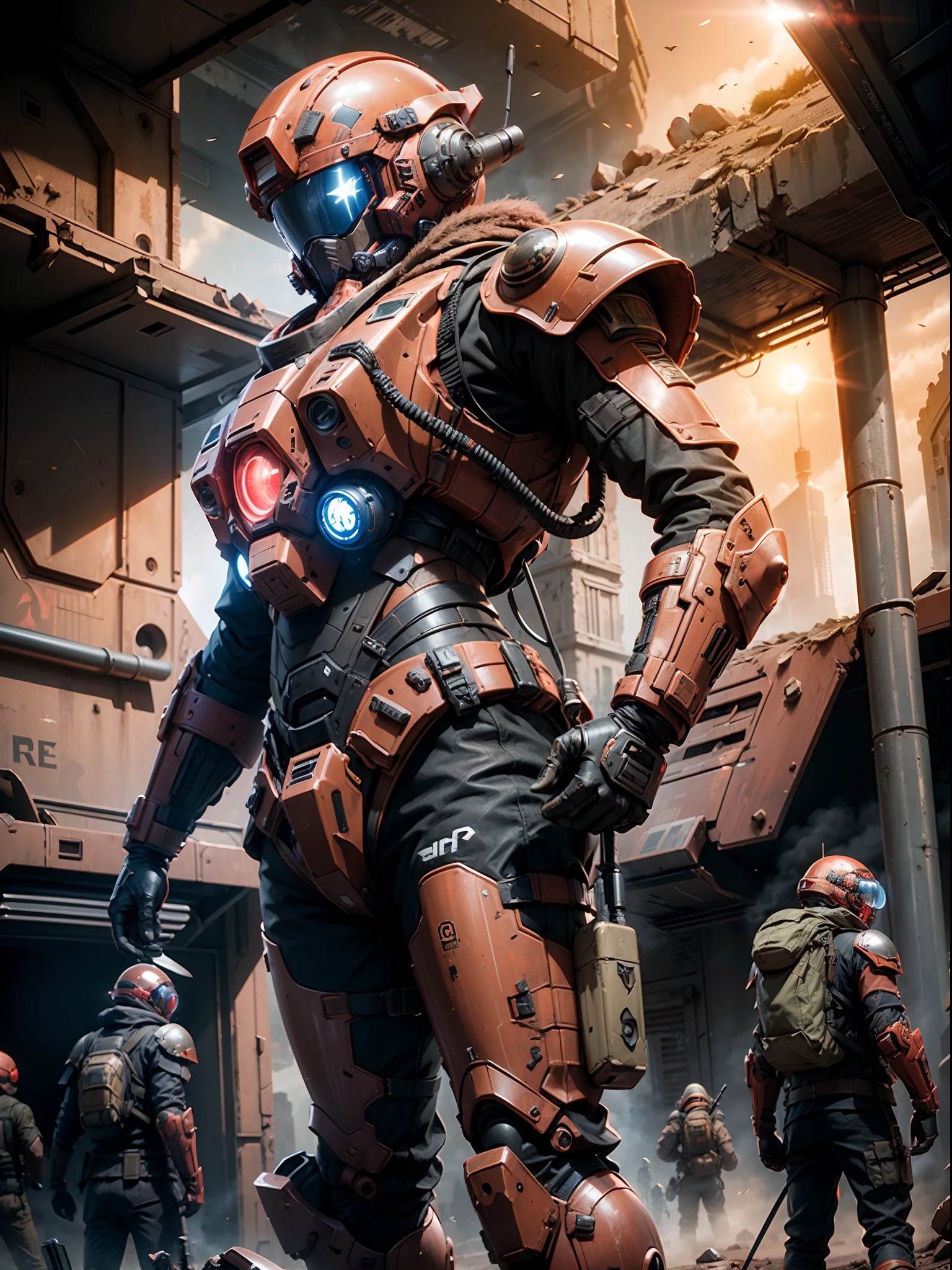 (futuristic :1.4), Search and Rescue Unit,3 boys, Searching in ruins with scanning devices, ((futuristic armor AND tactical helmet)), ((RED PLANET in background)) , UHD, MASTERPIECE