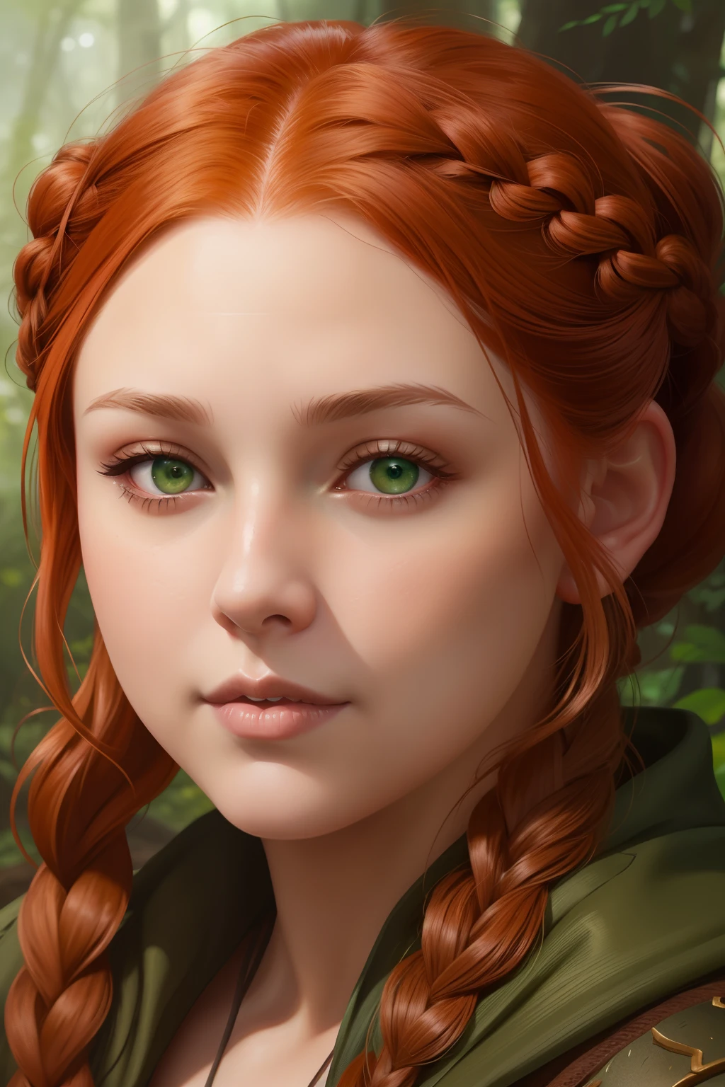 redhead haired chubby woman with braided hair and green eyes in a forest, closeup character portrait, character art portrait, character portrait closeup, fantasy concept art portrait, character portrait art, cgsociety portrait, detailed character portrait, character concept art portrait, stunning character art, alexandra fomina artstation, character art closeup, detailed digital painting, fantasy character portrait