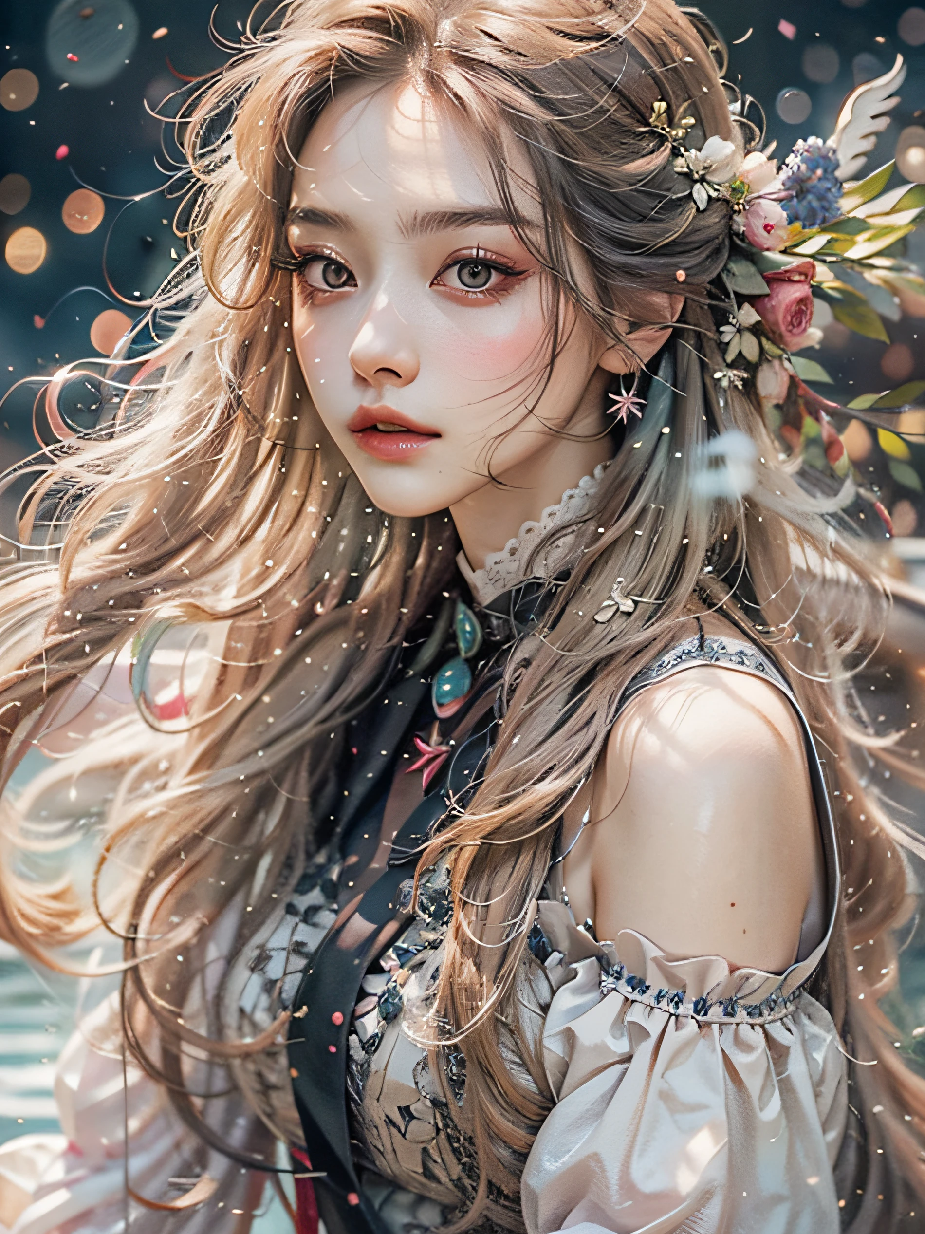 (Hyper-realistic) , (illustratio), (Increase the resolution), (8K), （RAW photos，best qualtiy），（realisticlying，photograph realistic：1.3），best qualtiy，highly  detailed，tmasterpiece，Hyper-detailing，( the wallpaper), (详细的脸), 独奏,1girll,Moyou,Realistic, Universe, Lucy dressed in a full dress, hair flower, hair scrunchie, hair adornments, ribbon, Ribbon trim, Lace trim, necklace, jewelry, bangle, Stud earrings, choker necklace，Fantasyart，photographrealistic，动态照明，artstation，poster for，Volumetriclighting，Very detailed faces，4 k，Award-Awarded，，1girl，in the darkness nigth，deep shading，low tune，Cowboy photos,(formal outfit:1.4),long whitr hair,whaite hair,