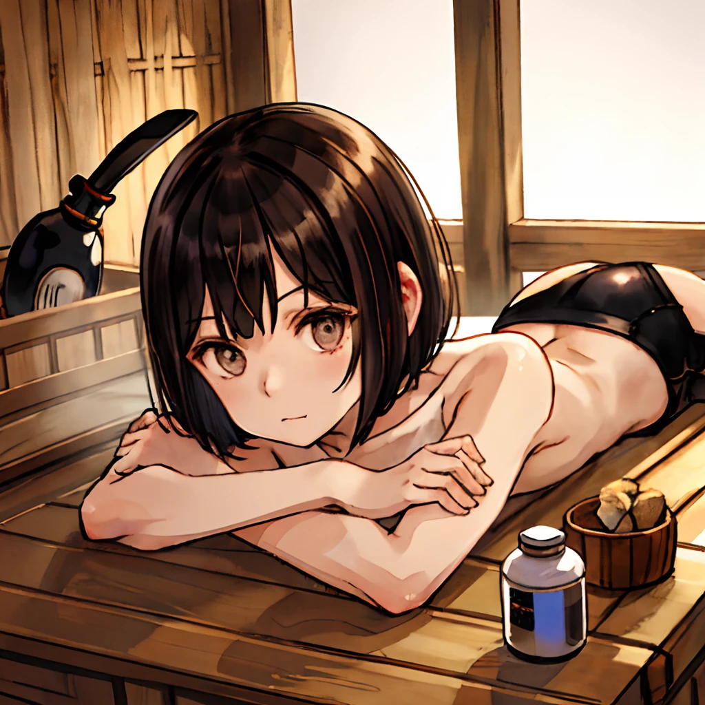 top-quality、1girl in、sauna、Shyness、dynamic ungle、A dark-haired、bob cuts