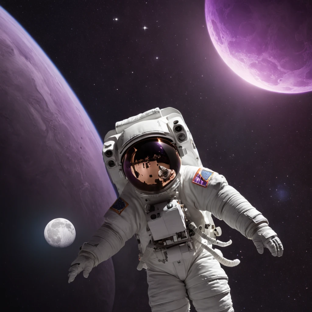 An awe-inspiring image of an astronaut floating gracefully in the vastness of space, surrounded by twinkling stars, realistic, photo style, with a stunning purple moon illuminating the scene and casting a mysterious glow. The astronaut's spacesuit reflects the ambient purple lights, creating a surreal and captivating atmosphere. The camera captures the scene from a wide-angle lens, showcasing the vastness and grandeur of space. The time of day is set to eternal darkness, with only the distant stars and the purple moon providing illumination. The focal distance is set to infinity, emphasizing the endless expanse of the cosmos. The style of this photo is intended to be realistic, with attention to detail and accuracy. This breathtaking image is inspired by the work of renowned space photographers, such as Michael Benson and Chris Hadfield. Let the beauty and wonder of space come to life in this extraordinary composition.