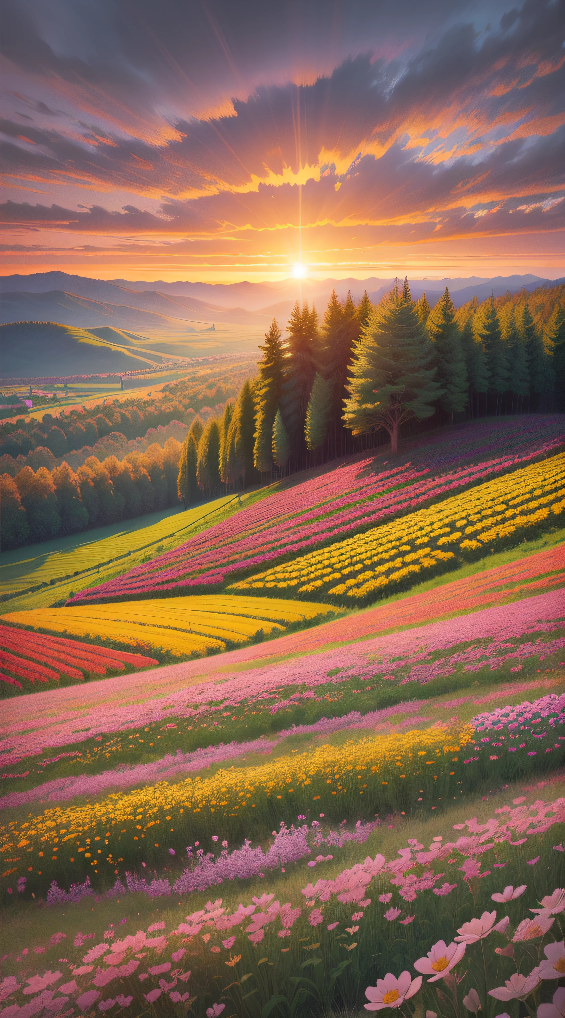 With huge flowers，Flower fields hilly，big trees，Dramatic sunrise light，Colorful clouds，digitial painting