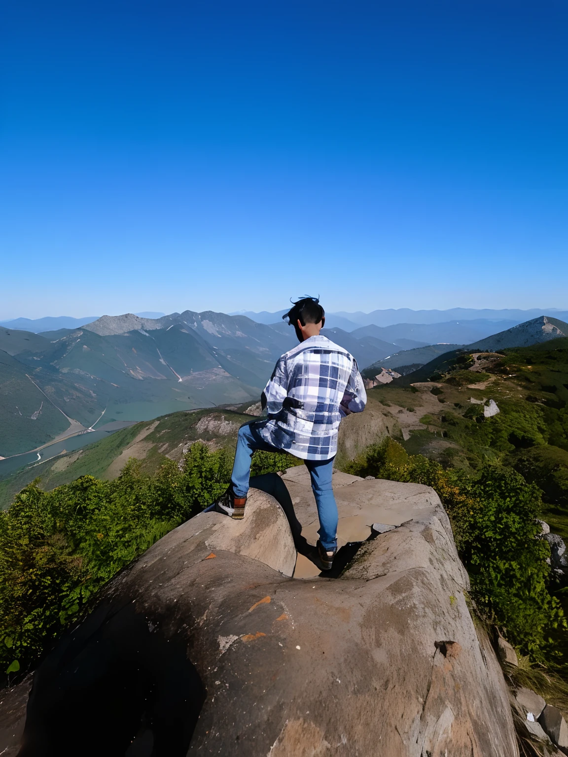 there is a man standing on a rock with a skateboard, looking at the mountains, on the top of a mountain, on top of a mountain, distant full body view, at the top of a mountain, standing on top of a mountain, standing on mountain, shot on canon eos r 5, standing on boulder, shot on canon eos r5