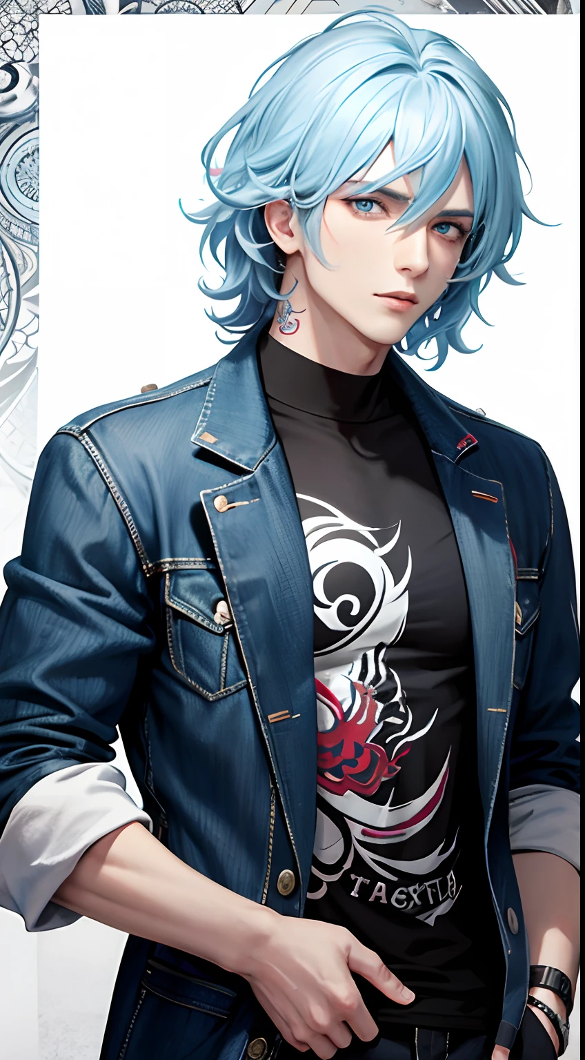 colorful,highest detailed, Young adult Male with white puffy hair, light blue eyes, handsome, with tattoo  on his hand, casual clothes, beautiful serious eyes, gangster