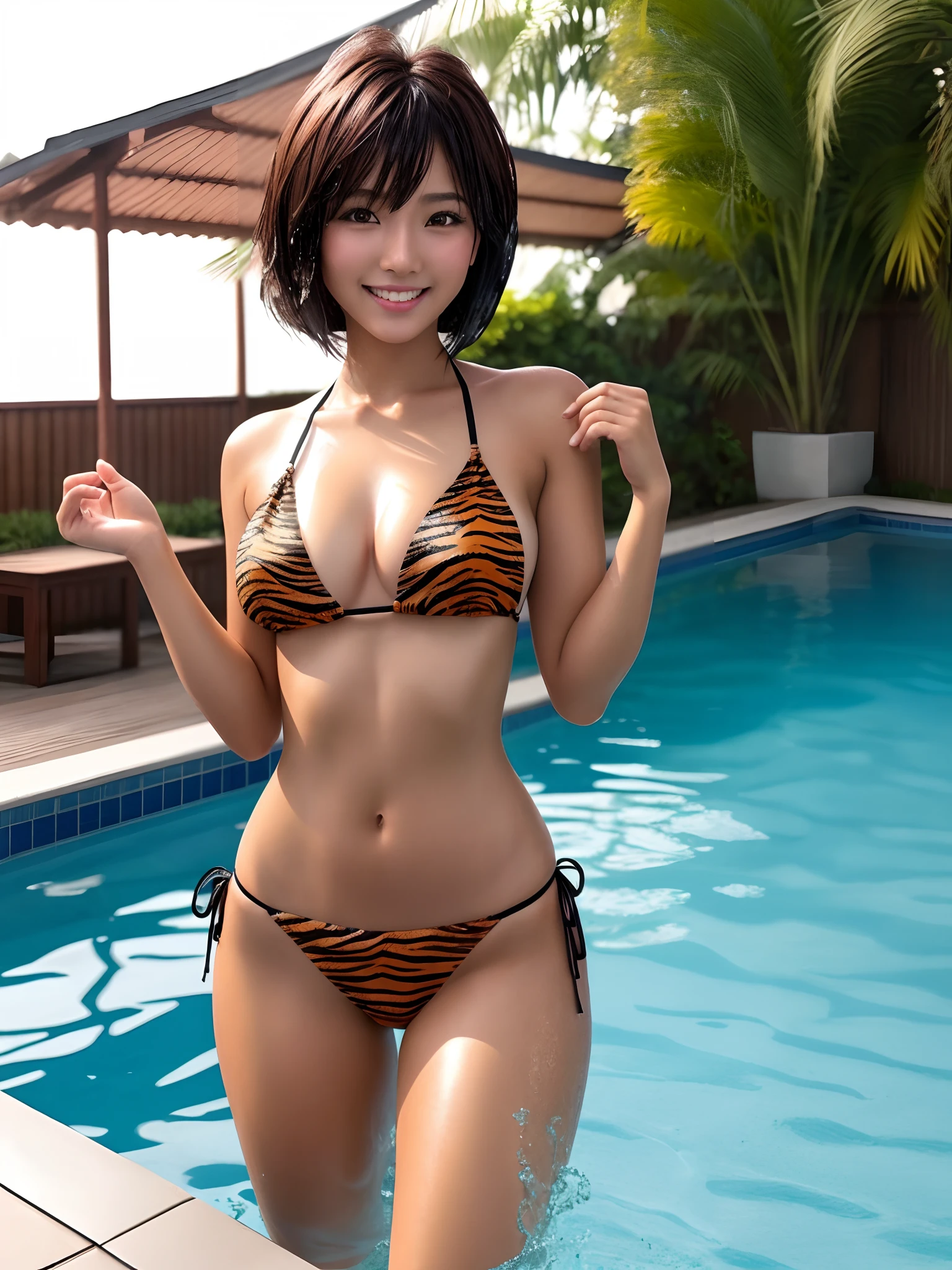 product quality, 1 girl, a cowboy shot, front view, a Japanese young pretty girl, bob hair, glamorous figure, wearing a satin micro bikini with tiger pattern printed, standing in a pool with a big smile, wet body, wet hair, hyper cute face, glossy lips, double eyelids for both eyes, natural makeup, shiny smooth light brown bob hair, asymmetrical bangs, tanned skin, central image, high resolution, high detailing, detailed hairstyle, detailed face, cinematic lighting, octane rendering, vibrant, hyper realisitic, perfect limbs, perfect anatomy