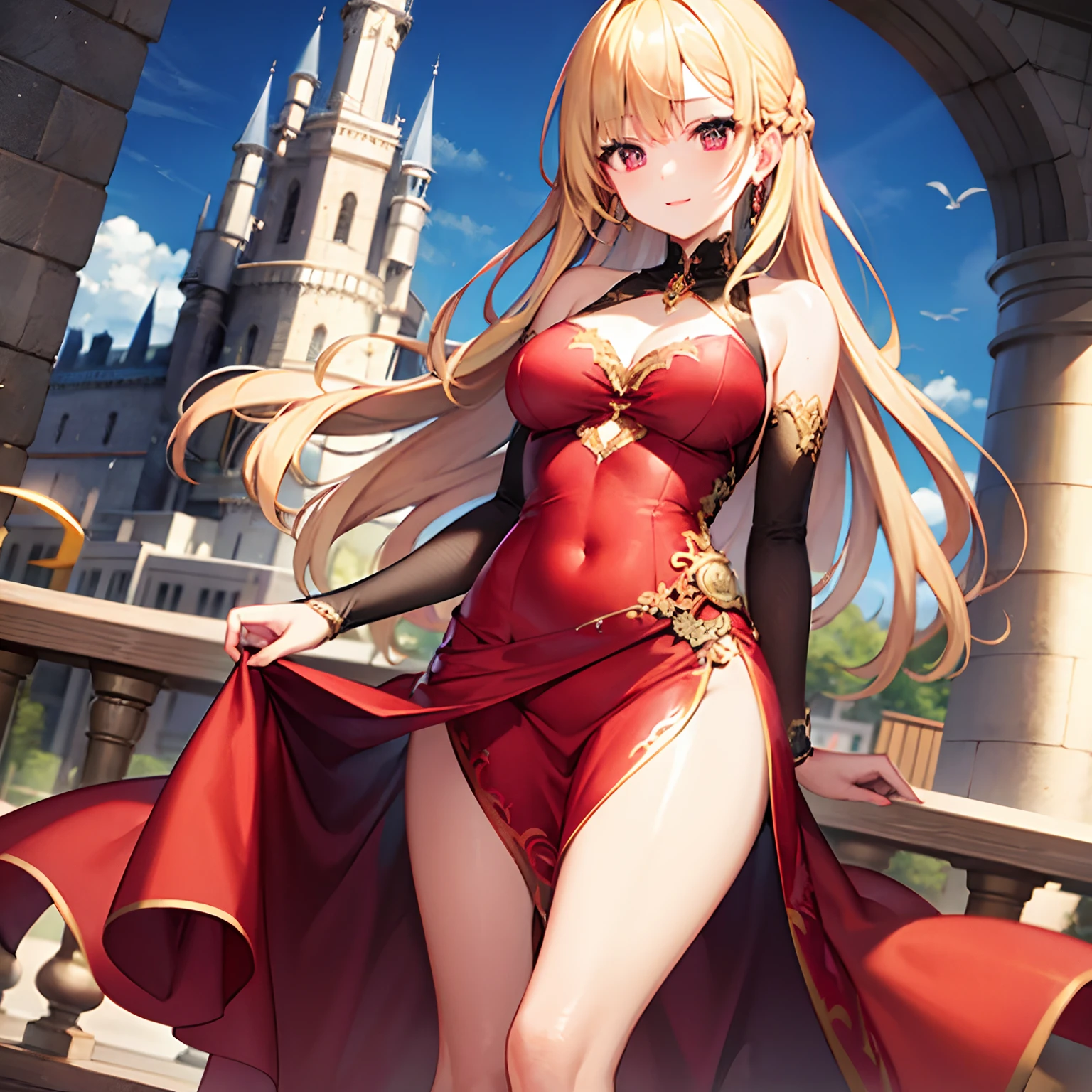 A woman with big ,(Gorgeous woman),Gorgeous red Rococo dance dress,Long blond hair,Exquisite,(See-through chest),Showing belly,(Blush:1.2),Slender legs,Castle Background,Dancing show,
