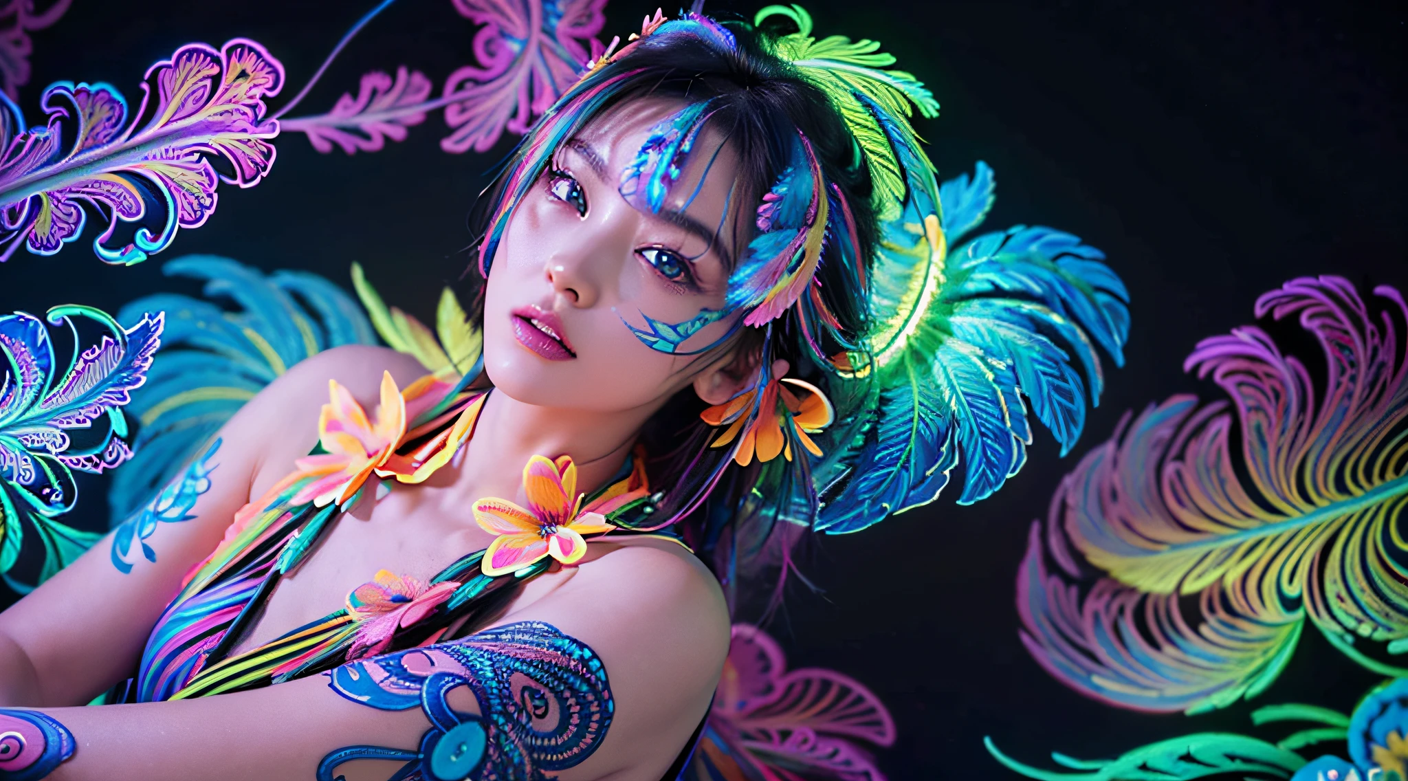 masterpiece, top quality, best quality, official art, beautiful and aesthetic:1.2), (1girl:1.3), extremely detailed,(fractal art:1.1)neon,(colorful:1.1)neon(flowers:1.3)neon,highest detailed,(zentangle:1.2)neon, (dynamic pose), (3D abstract background:1.3) neon, (shiny skin), (many colors:1.4)neon, (feathers:1.5), neonlight