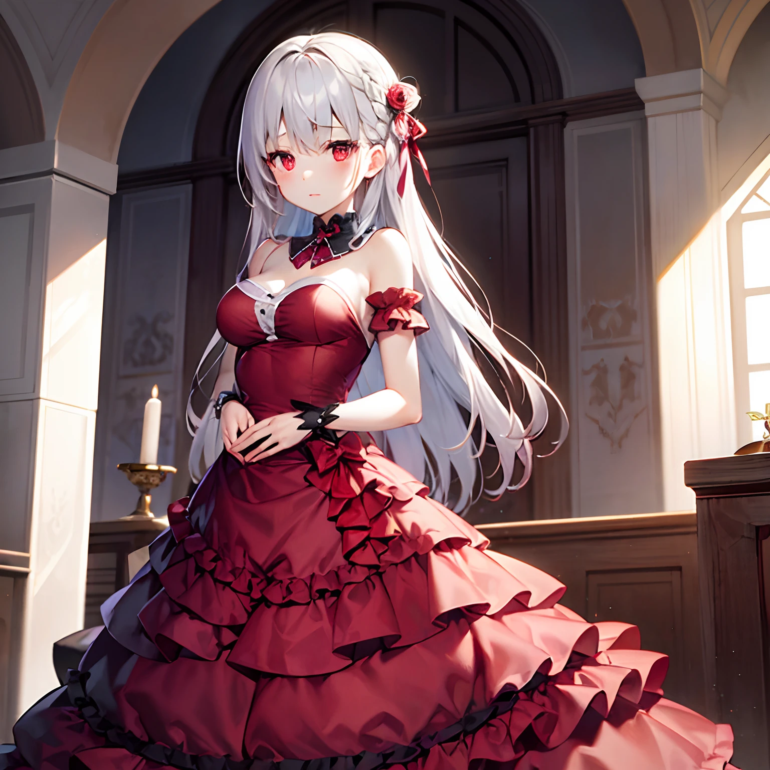 silber hair、red eyes、Beautiful girl alone、Red fluffy dress、off shoulders、Western-style castle