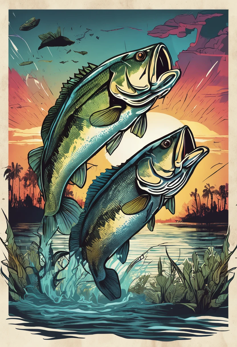 large mouth bass inside is transparent with a scenery of a silhouette of a man on a boat fishing on a lake
