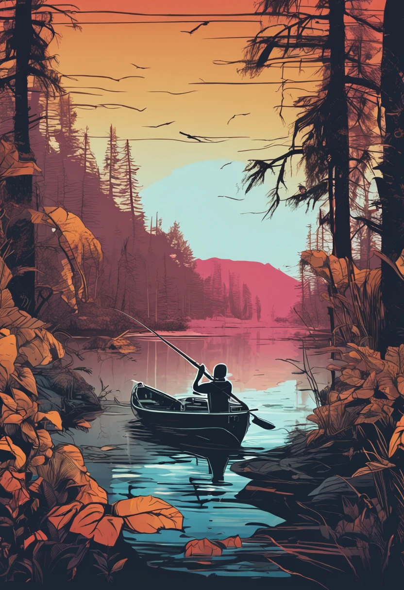 large mouth bass inside is transparent with a scenery of a silhouette of a man on a boat fishing on a lake