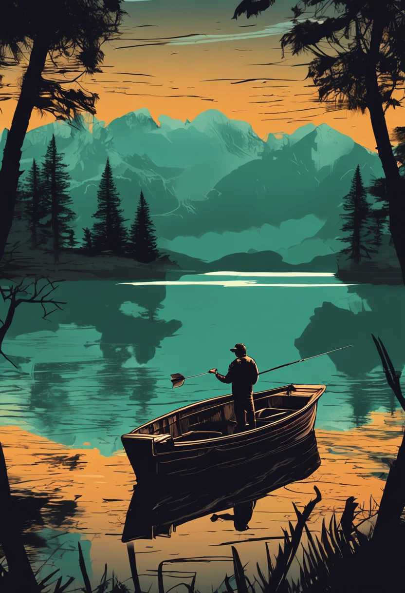 large mouth bass inside is transparent with a scenery of a silhouette of a man on a boat fishing on a lake