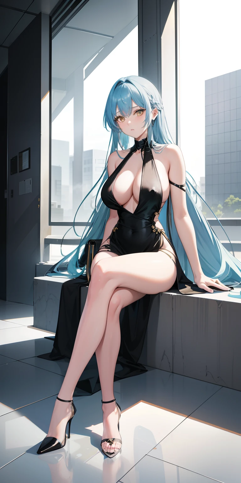 light blue hair, long hair, yellow eyes, black dress, collarbone, bare back, big boobs, inside a building, high heels black shoes, inside of building, looking at camera, close up camera, sitting, holding a handbag