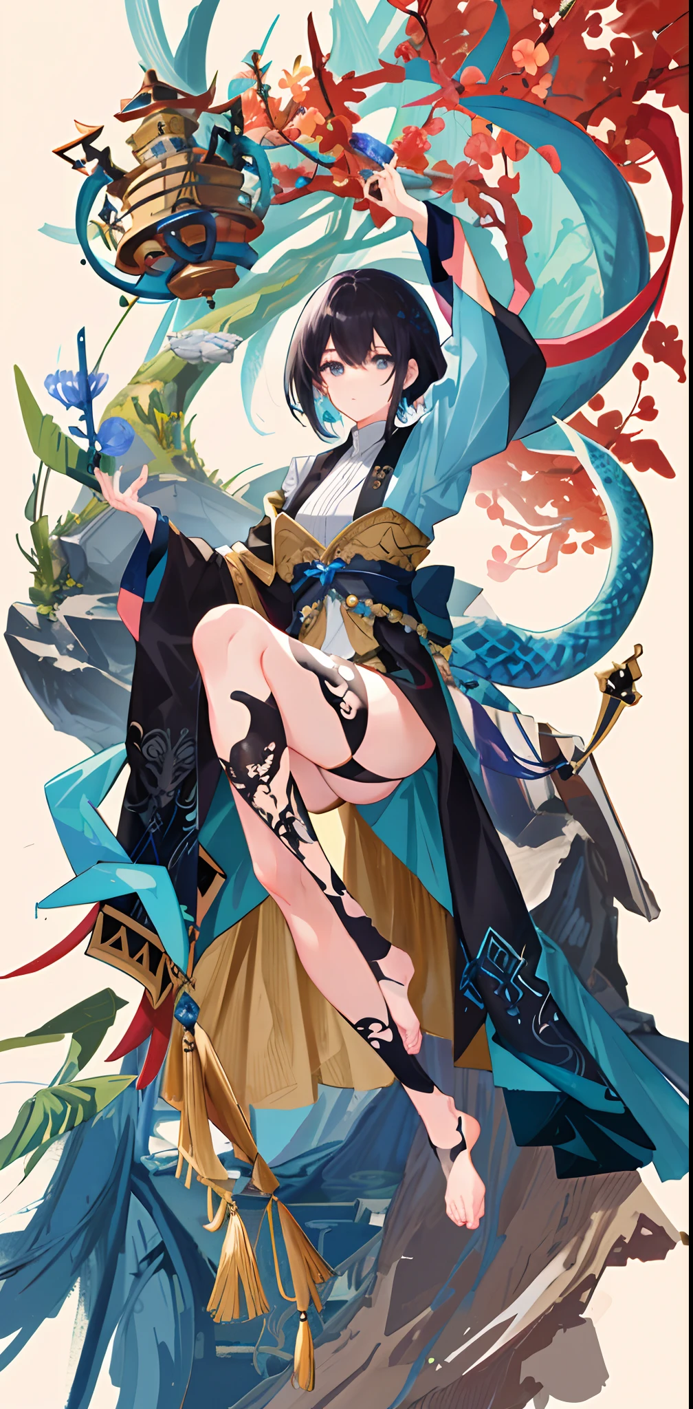 Ultra High Definition 2D Art、a closeup(1womanl)、A dark-haired、Incarnation of the serpent、serpent、Blue skin、ogre、shrines、The background is a shrine、in woods、2 d anime style、Soft and delicate depiction、Also pay attention to tattoos on her whole body(Full Body Art)、In landscape mode、A masterpiece by Guweiz and James Jean、TATTOO EXPERT DESIGN BY CLOSSCOSITY、number々A beautiful girl with black hair who became a hot topic at Japan's trend art station。