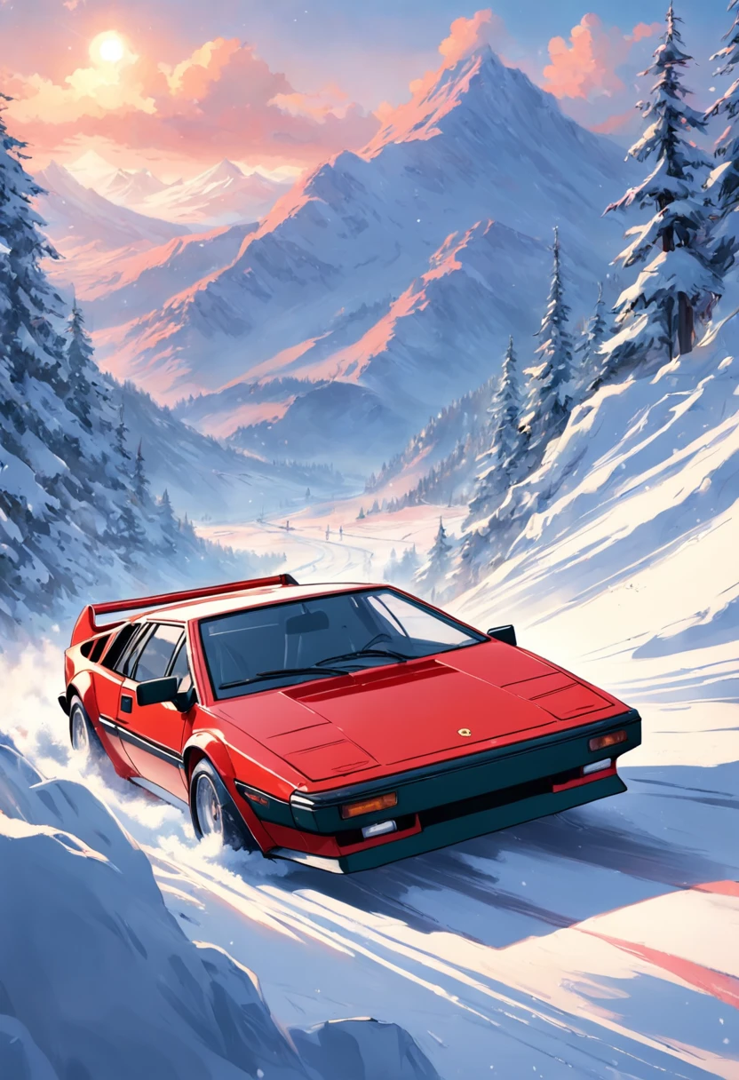 Red 1981 Lotus Esprit Turbo skiing from a snowy mountain