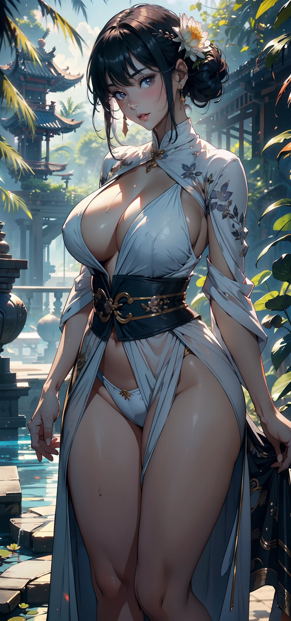 1female,35yo,熟妇,long leges,Big breasts Thin waist,Slim,huge-breasted ,Pornographic exposure, 独奏,(Background with:bamboo forrest,lotuses,lotus flower,exteriors,Lotus pond) She has short purple hair,Doll head,Qi bangs,standing on your feet,Sweat profusely,drenched all over the body,seen from the front, hair straight, mostly cloudy sky,(((tmasterpiece),(Very detailed CG unity 8K wallpaper),best qualtiy,cinmatic lighting,detailed back ground,beatiful detailed eyes,Bright pupils,Black eyes,(Very fine and beautiful),(Beautiful and detailed eye description),ultra - detailed,tmasterpiece,)),facing at camera,A high resolution,ultra - detailed),revealing breasts,Bare genitalia, Bulge,legs are open,Raised sexy,Camel toes,Flushed complexion,Open-mouthed,frontage,silver ornaments,(Wearing:ethnic dress,nakeness,Leakage out of the breast)