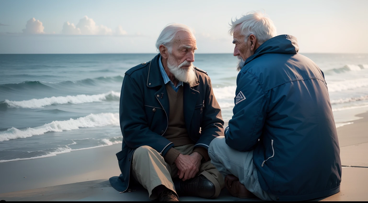 A homeless man talking to an old man wearing blue coat by the sea