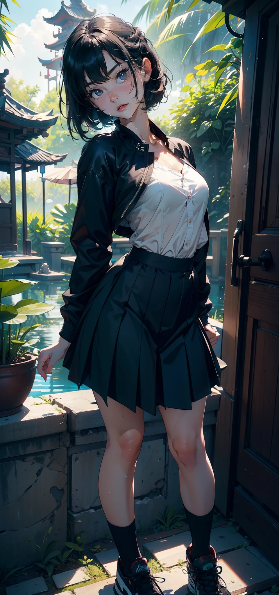 1female,3 ,bit girl,Small loli,huge-breasted,Pornographic exposure, 独奏,(Background with:bamboo forrest,lotuses,lotus flower,exteriors,Lotus pond) She has short black hair,Qi bangs,Doll head,standing on your feet,Sweat profusely,drenched all over the body,seen from the front, hair straight, mostly cloudy sky,(((tmasterpiece),(Very detailed CG unity 8K wallpaper),best qualtiy,cinmatic lighting,detailed back ground,beatiful detailed eyes,Bright pupils,Black eyes,(Very fine and beautiful),(Beautiful and detailed eye description),ultra - detailed,tmasterpiece,)),facing at camera,A high resolution,ultra - detailed),revealing breasts,Bare genitalia, Bulge,legs are open,Raised sexy,Camel toes,Flushed complexion,Open-mouthed,frontage,elementaraseball jacket,Slave girl collar,Sailor uniform,pleatedskirt,black sneaker shoes,nakeness)Full body photo,Show shoes