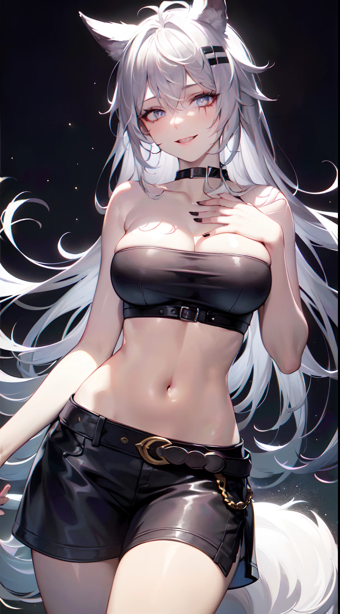((Best quality, Super high resolution, Masterpiece:1.3)), 1girl, Cowboy shot, head, (Long hair, White hair, Animal ears), Breasts, (White tube top, Sleeveless, Shoulderless, Strapless, Navel:1.2), Beautiful eyes, Evil smile, (Highly detailed skin), (Detailed face), Detailed eyes, Nice hands, Perfect hands