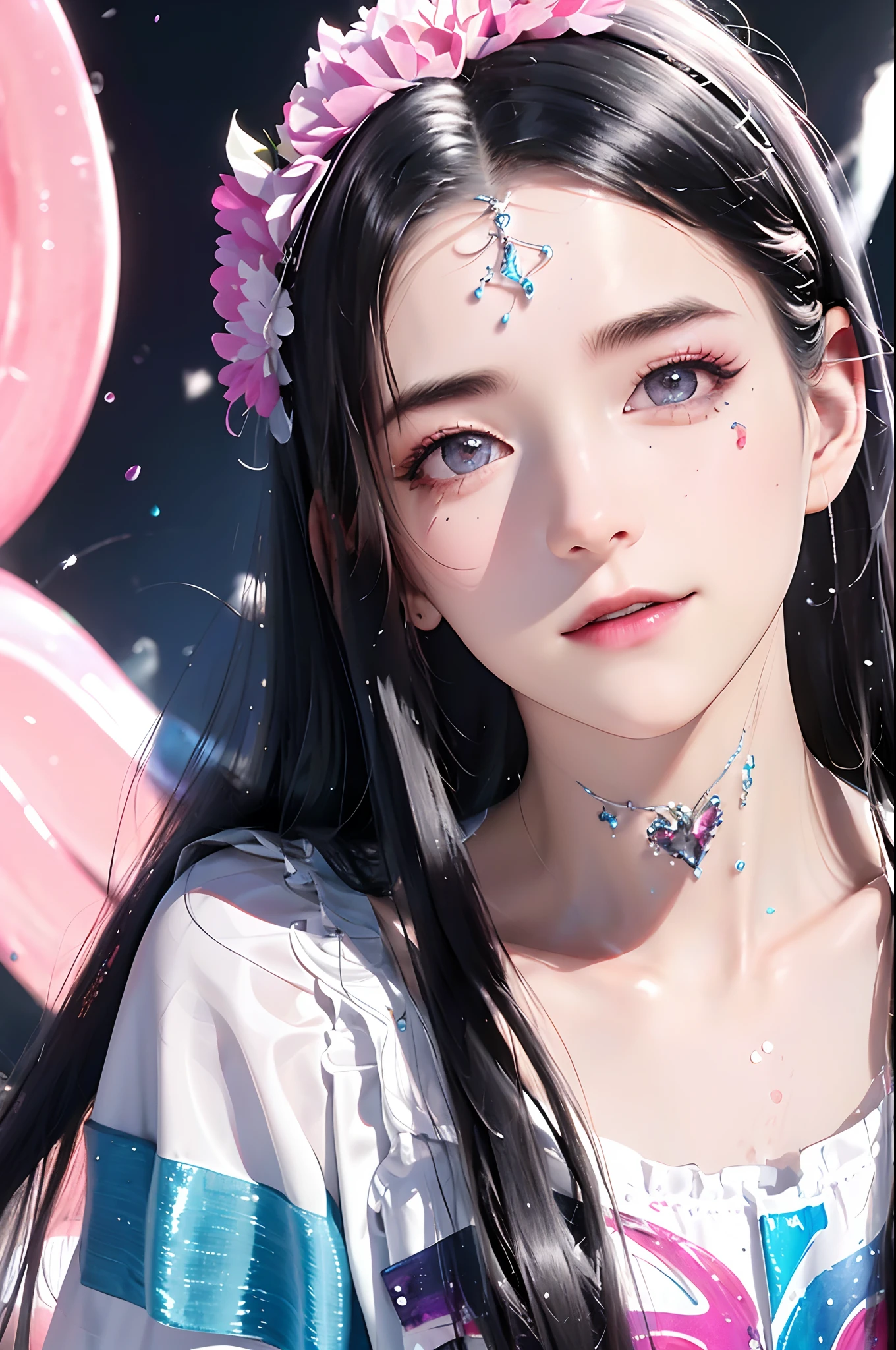 (Pink fashion T-shirt: 1.9), (Colorful hair: 1.8), (Rainbow all colors: 1.8), (((Vertical painting: 1.6))), (Painting: 1.6), Front, manga, illustration, painting, big eyes, crystal clear, (rainbow gradient high ponytail: 1.7), delicate makeup, shut up, (small freshness: 1.5), (bandeau: 1.6), long eyelashes, white off-the-shoulder T- shirt, White Shoulder Shirt, looking at the audience, Big watery eyes, (rainbow hair: 1.6), color splash, (solo:1.8), color splash, color explosion, colour splash, color explosion, thick lacquer style, messy lines, ((shining)), (colorful), (colorful), (colorful), colorful, Thick Paint Style, (Splash) (Color Splash), Vertical Painting, Upper Body, Paint Splash, Acrylic Pigment, Gradient, Paint, Highest Image Quality, Masterpiece, Solo, Depth of Field, Face Paint, colorful clothes, (elegance: 1.2), gorgeous, long hair, wind, (elegance: 1.3), (petals: 1.4), ((masterpiece))), ((best quality))), (ultra-detailed), (illustration), (dynamic angle), (floating), (paint), ((loose hair)), (solo), (1girl), ( ( ( detailed anima face))), (( Beautiful detailed face)), collar, exposed shoulders, white hair, ((colored hair)), ((striped hair)), beautiful detailed eyes, (gradient eyes), (colored eyes))), (colored background))), (high saturation))), ((surrounded by colorful splashes))),