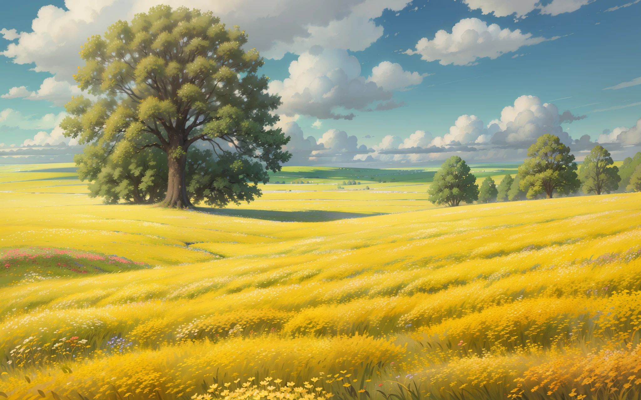 Yellow flower fields,There is a lone tree in the middle,the Sun Shining,oil painted,The strokes are casual