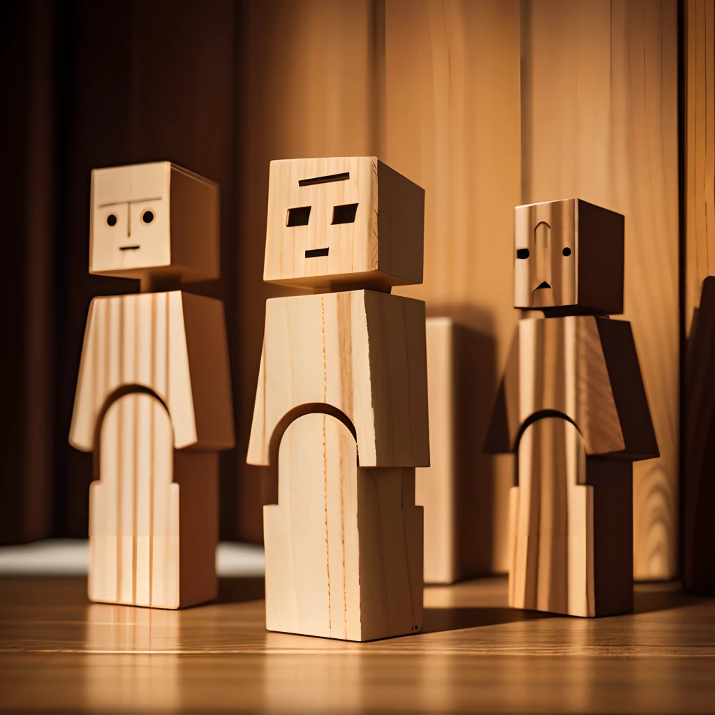 On the table stood a wooden block with a face, Cute funny figurines wooden, Faceless portrait, Cute robot wooden, Wooden, stop motion character, made of wood, wooden art toys, droid, wooden art toys on base, sad man, wooden statue, figurines, a wooden log,