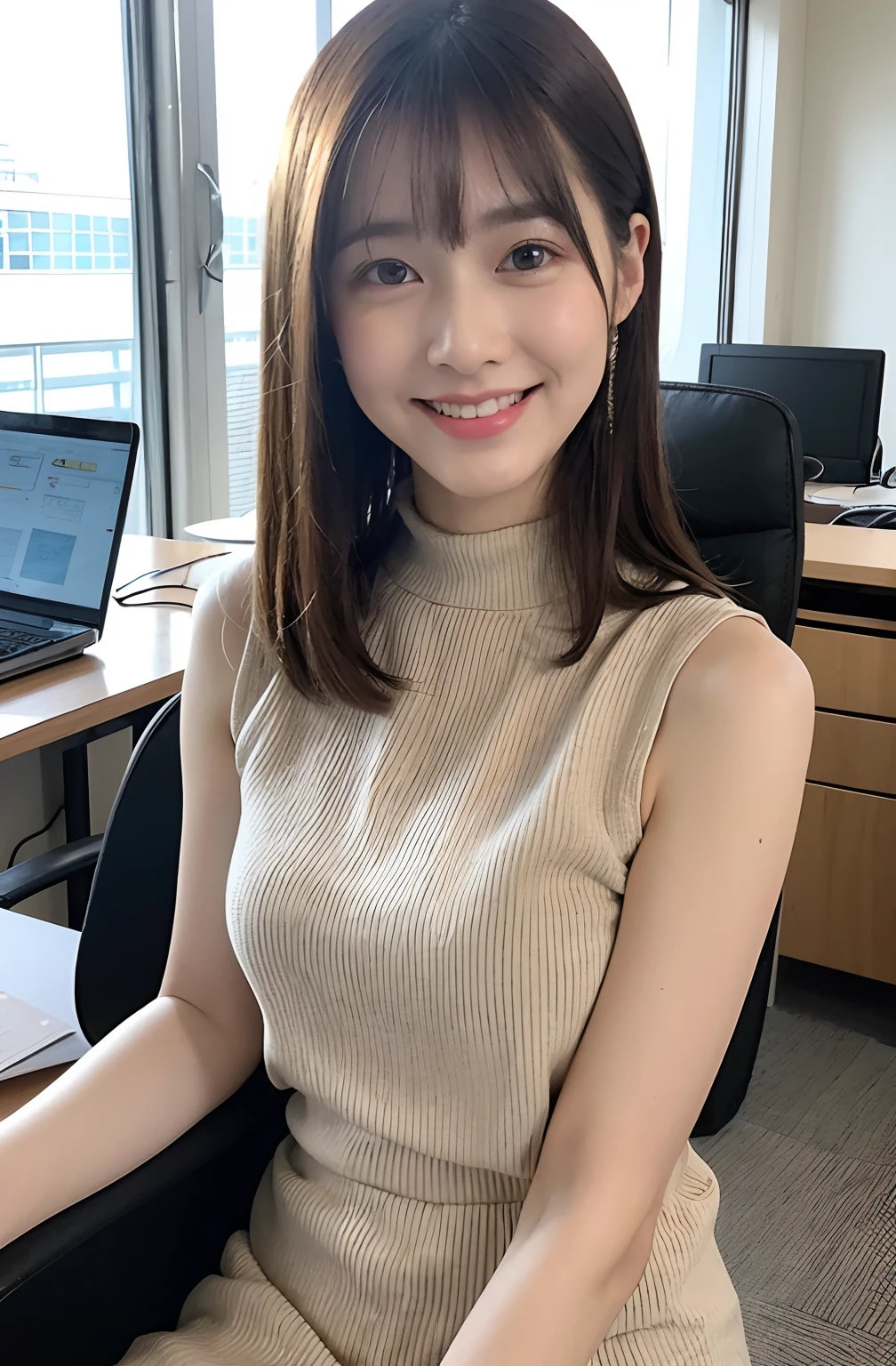 8K、top-quality、masterpiece、超A high resolution、a picture、beautiful japanese female、 Elegance、There is a good、Transparent atmosphere、Beautiful face、Raised corners of the mouth、gently smiling、Gradient lighting、1girl in、Delicate skin、Look into the distance、Brown-eyed、short hair with bangs、Breasts are big、pureerosface、 Folding Pattern Mock Neck Blouse、cutout、pleats、Sleeveless、Round Neck、pleats、White blouses、Trimmed length、pleats、High West、High West、Tummy is visible、very big bust、Take your eyes off、s Office、There are many computers lined up、Lots of desks、Large office、Having a file、Ass big、Kinda chubby、Bangs shed to the side、organize your hairstyle well、Put your ears out、Hold a file in your hand、The skirt is short so you can see the thighs、Futomo、High West、