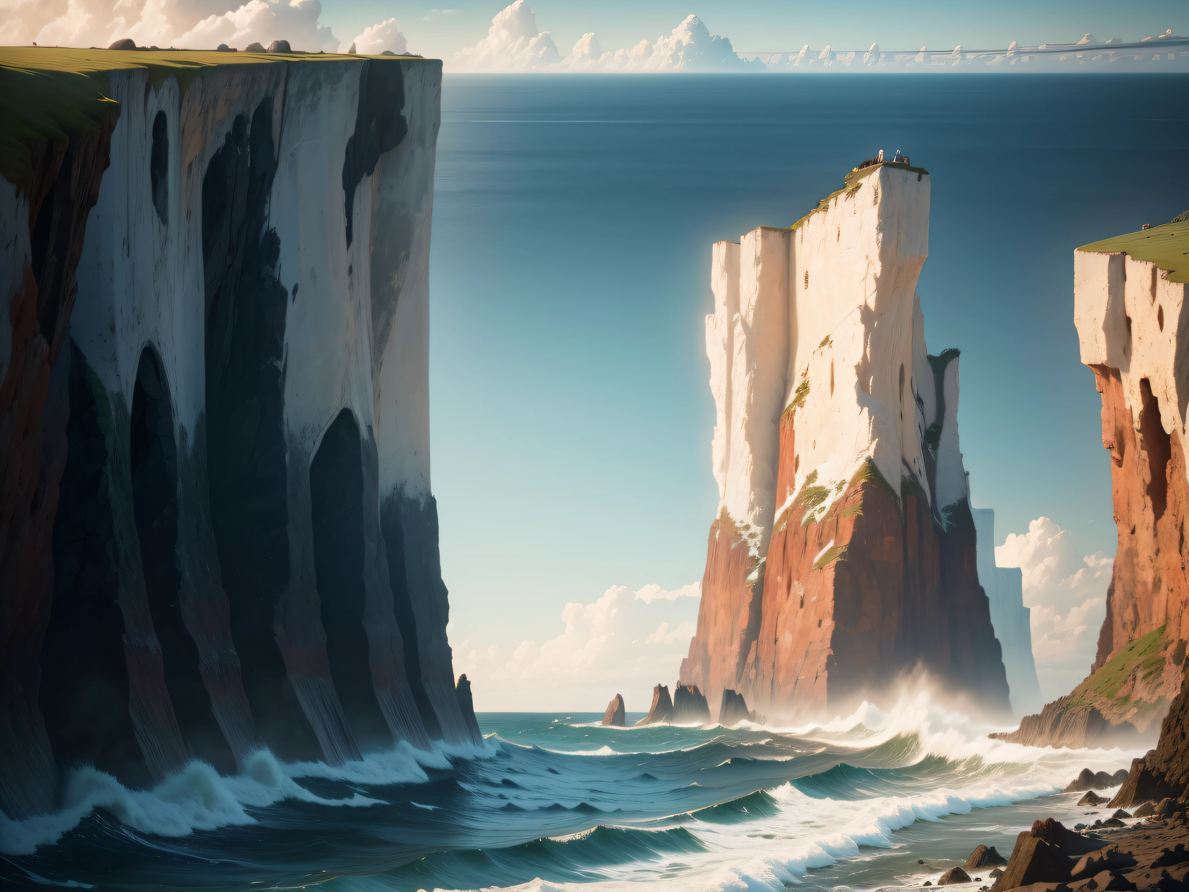 Cliffside Coastlines: Dramatic cliffs towering over the sea, often with crashing waves below, offering a rugged and awe-inspiring view.