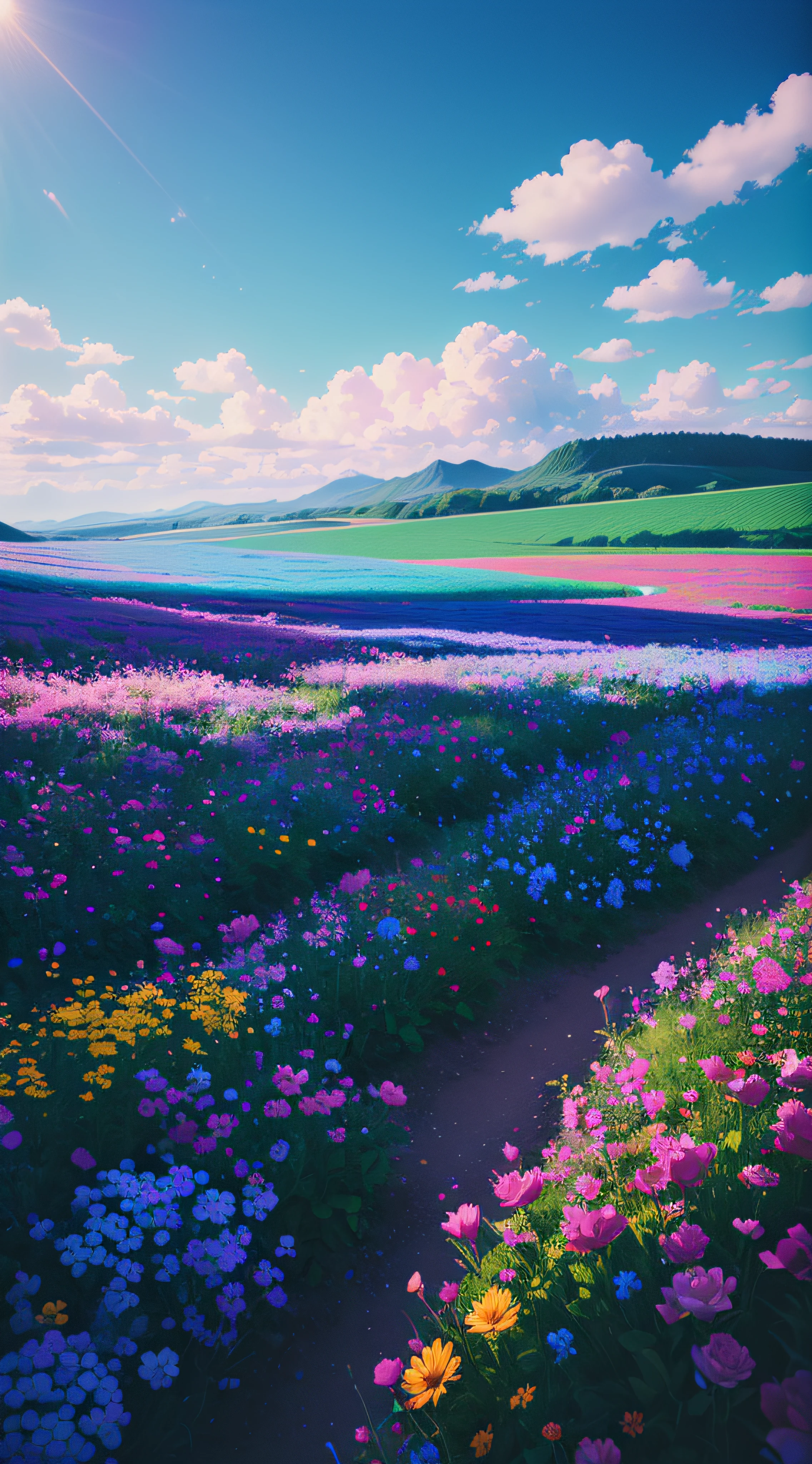 A painting of a field of flowers with a sun in the background - SeaArt AI