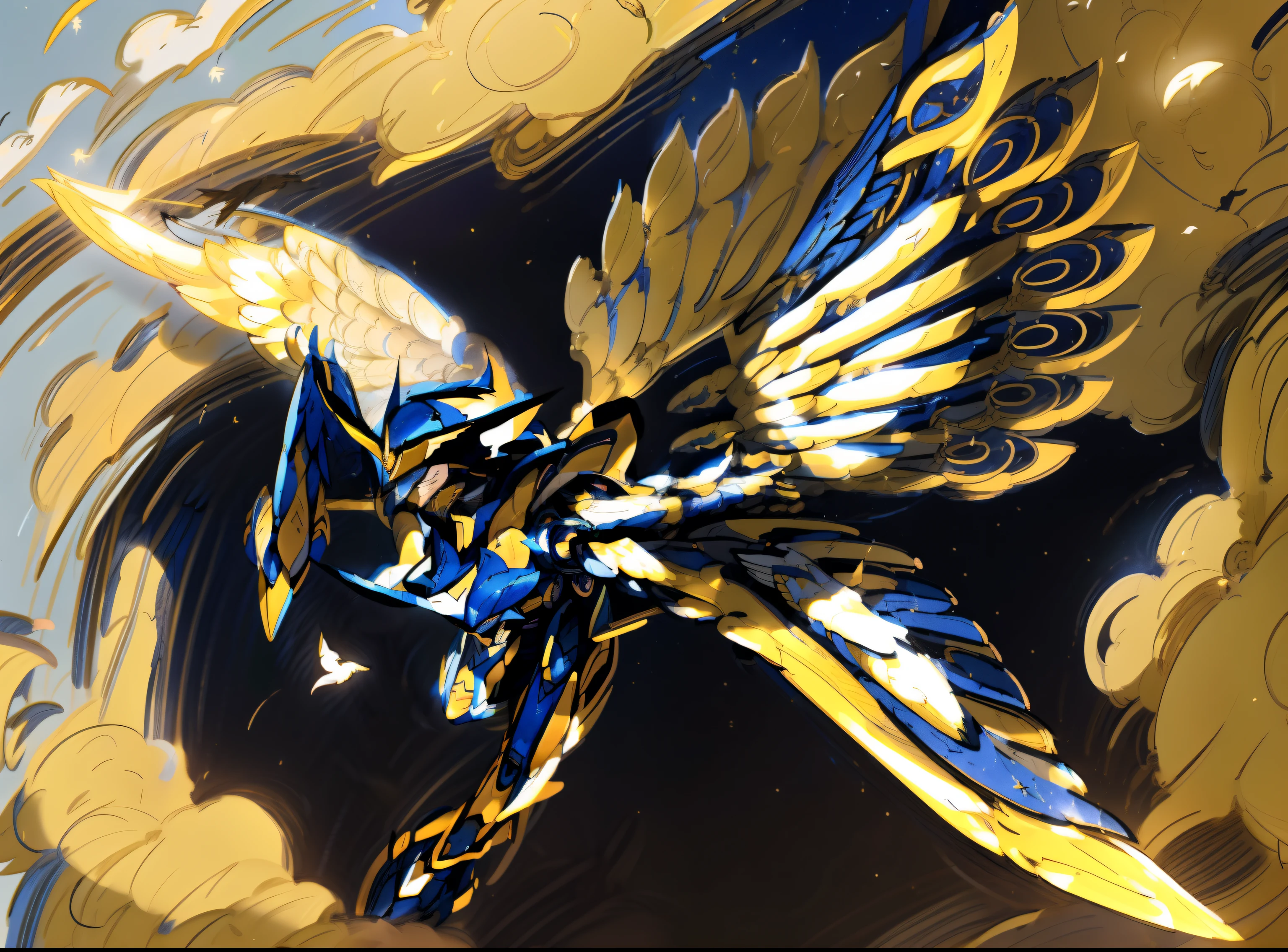 drawing of a phoenix mecha_robot with wings and a sword on a galaxy background, pterodactyl mecha, concept art of omegamon, mecha wings, robot bird, with large wings, mechanical bird, spirit fantasy concept art, high quality sketch, artwork of a phoenix, supersentai concept art, falco lombardi from starfox, fearow