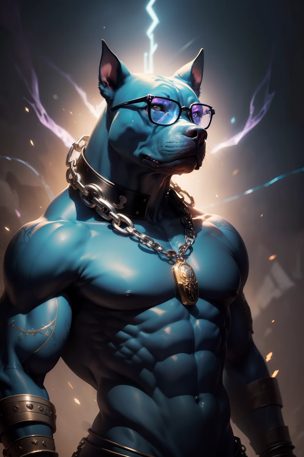 A Pit Bull Monster dog with glasses and a chain around his neck, cores nebulosas radiantes, filme vfx, marvel art, highly photographic render, pitbull, iridescent illustration, arte de heavy metal, Head covered in jewels, semelhante ao bifrost, conceptart. com, imagem de avatar, genie, love death and robots