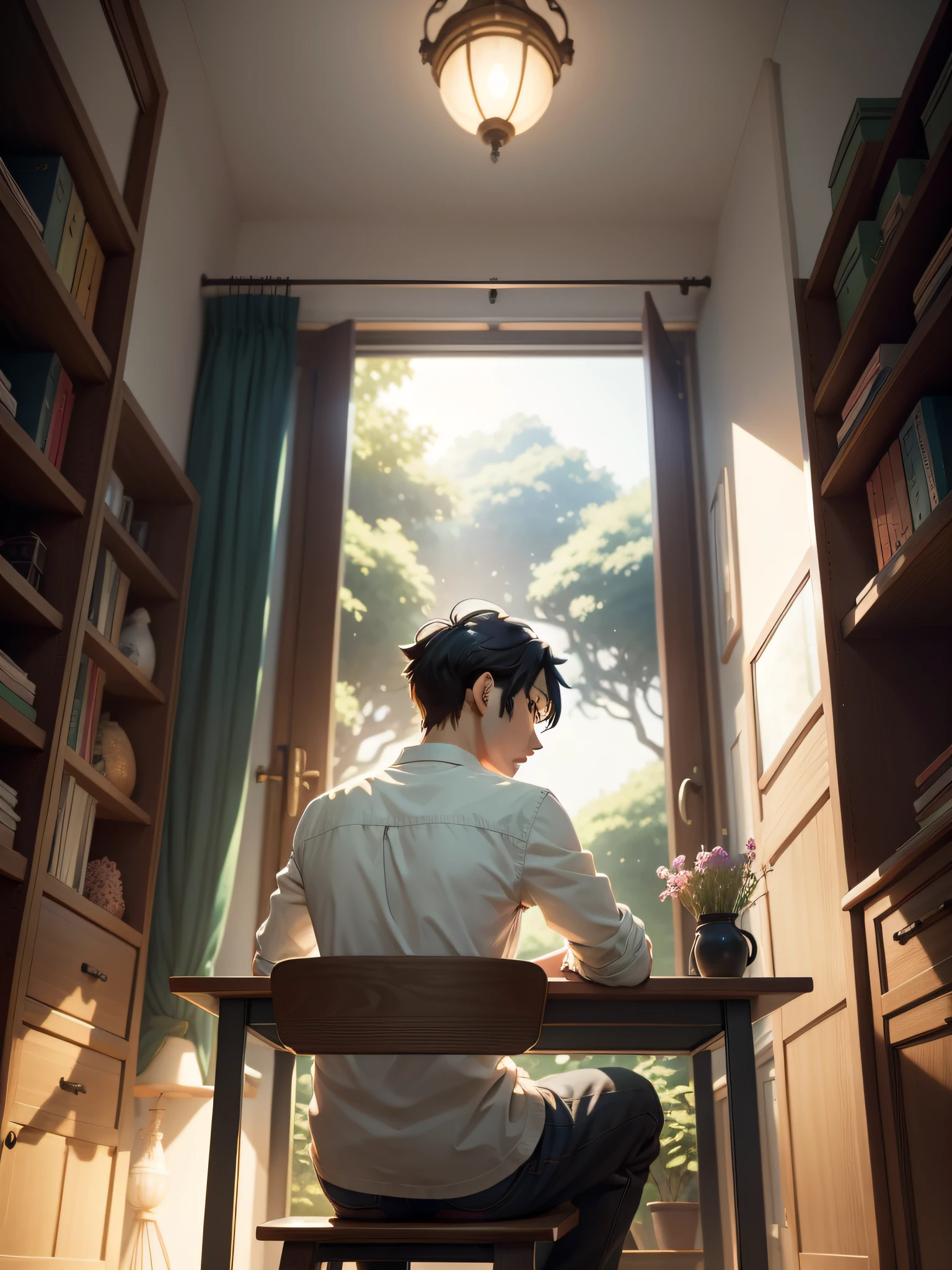 anime picture, bright colours, Pattern, pixiv, The Garden of Words, is beautiful, Guy sitting on a chair at a table, visible legs, seen from behind, short black hair, facing away, reverie, Draws, Writes, A room with shelves, a table, Window, Indoors, style of makoto shinkai