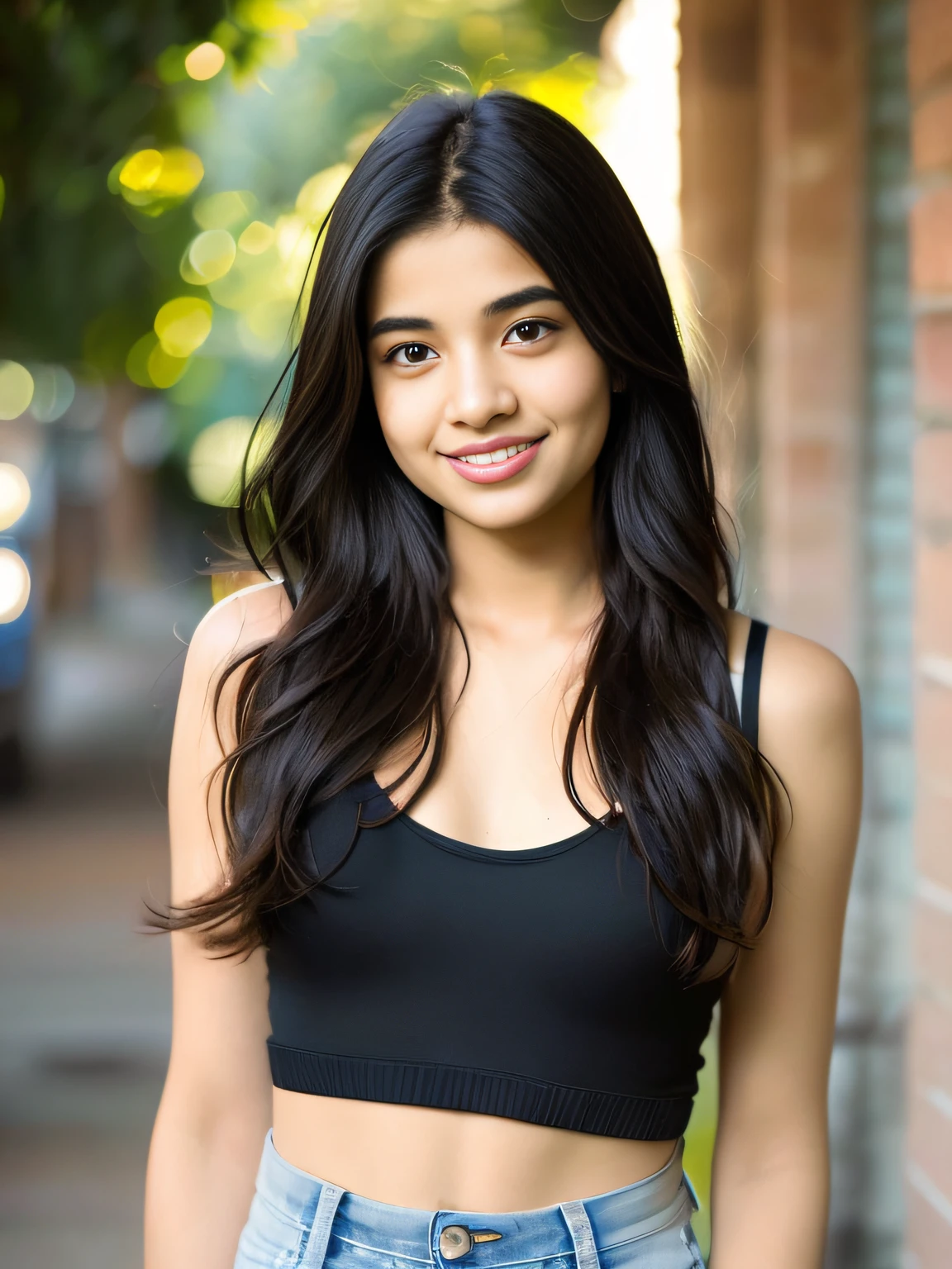 Portrait of an 18 year old cute petit teen, beautiful Indian girl, fair skin, soft skin, glowing skin, cute face, wearing a crop top and jeans , chest, sexy, small nose, black hair, perface cute smiling face, ,at the college, ultra realistic, photorealistic,8K