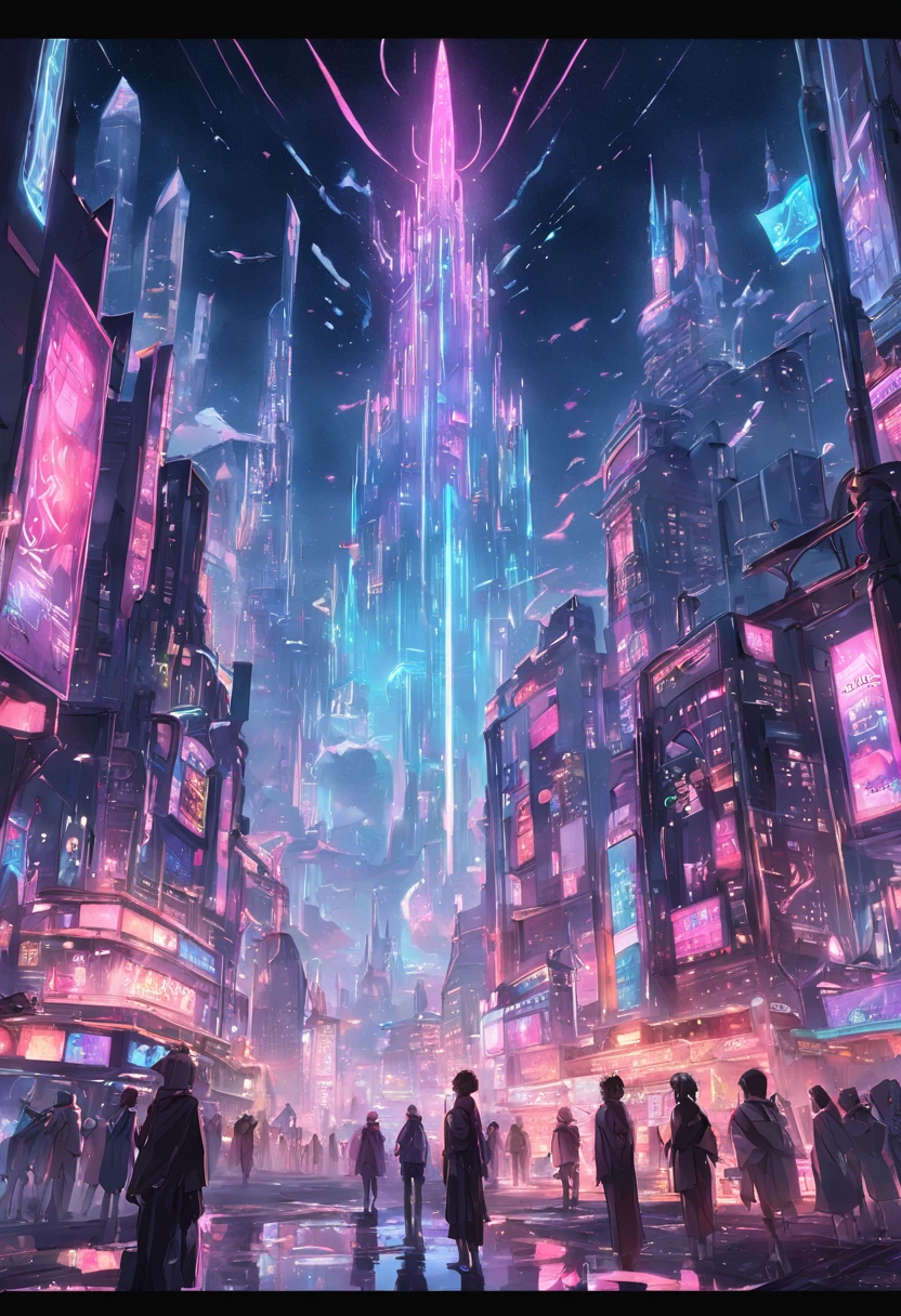A sprawling cyberpunk cityscape, with towering spires and holographic billboards illuminating the night sky.