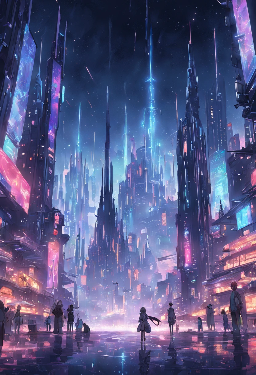 A sprawling cyberpunk cityscape, with towering spires and holographic billboards illuminating the night sky.