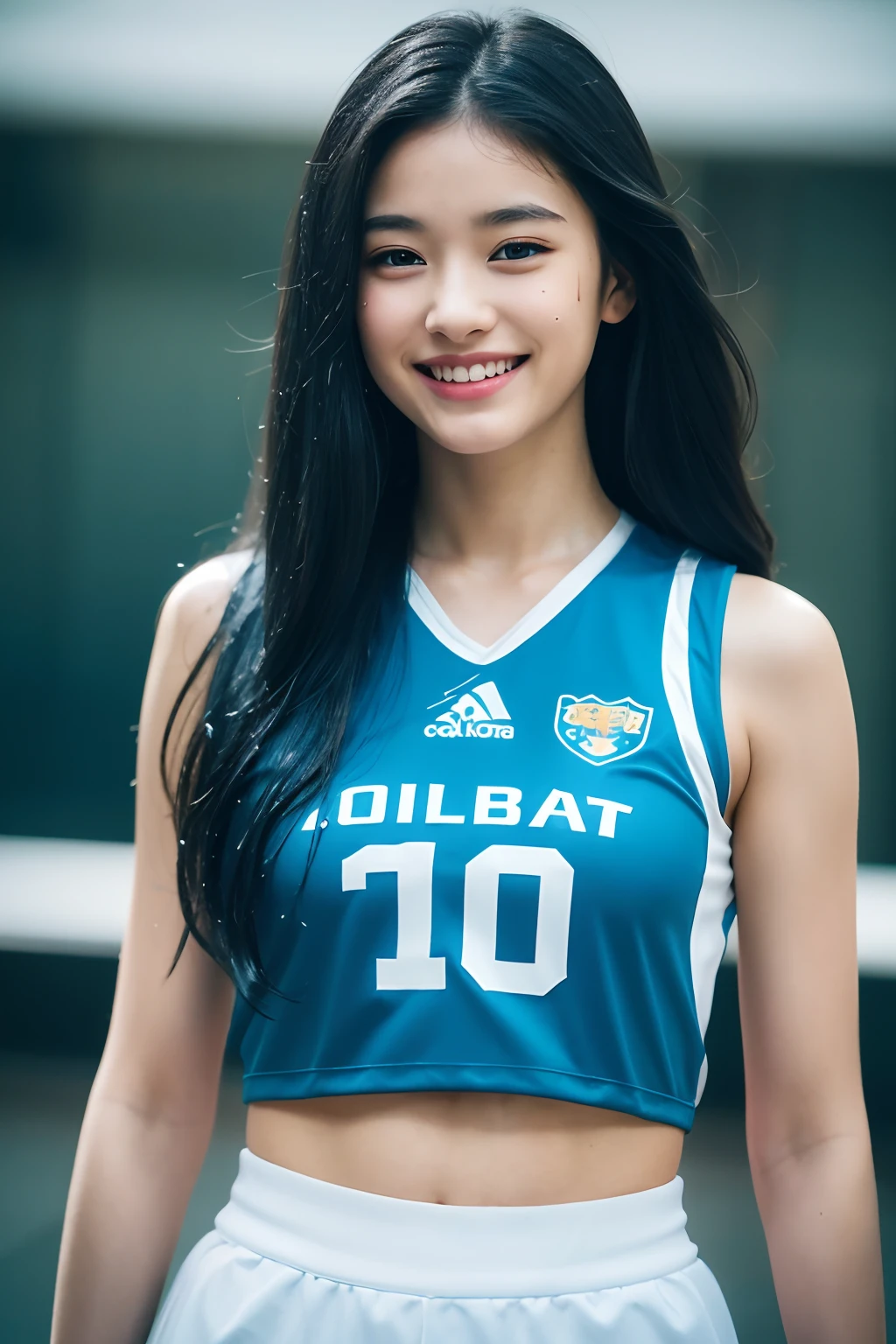 "Specifications: 8K Resolution, Optimal Quality: 1.2, Realistic Style, Enhanced Photorealism: 1.37, Crystal Clear Ultra High Definition, Subject: Girl (16 yrs , 1 GirCute, Smile, Closed Mouth, Beautiful Details, Beautiful Nose, Full Body, Wet Hair, Enchanting Smile, Graceful Closed Mouth, Exquisite Detailing, Lovely Nose, Complete Full Body, Glistening Wet Hair, Scenic Colossal Dalsefo,complex, , cinematic lighting, halo, shiny,(8K, Best Quality, Masterpiece: 1.2), (Realistic, Photorealistic: 1.37), Super Detail, 1 Girl, 16 years old, Cute, Smile, Solo, (Redness of the Nose), (Smile: 1.15), (Mouth Closed), Volleyball, Jersey, Spiked in Match, Beautiful Eyes, Balle Ball Court, (Long Hair: 1.2), Floating Hair neon blue hair, Novafrog style, upper body, valley on her left hand