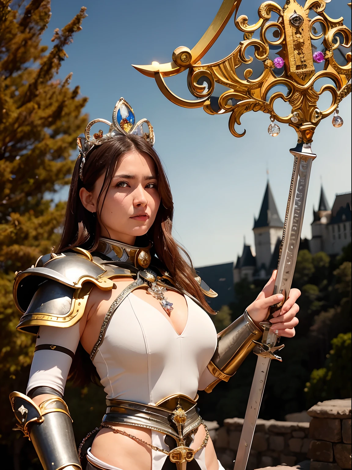 Professional , masterpiece、top-quality、photos realistic , depth of fields (Gemstone Silver Metal Body:1.9),(Matte Silver、Jewel Gold Weapon、(Gorgeous castle background)、Holding the Sword of Heroes、(Jewel White Metal Body:1.4),((Gorgeous Jewel Metal Weapons)) , Fighting、((Holding the Sword of Heroes)) ,(close-up,dream magical,tornado ) ,(Micro Bikini Armor),warhammer 40k , adepta sororitas,Detail and ornate jewel crown、Brown hair、Mystical expression、(Gangle's forest background)、1a person、dynamic ungle,(((Diamond tiara with detail and luxury)))、a small face、A smile、Powerful poses、(Gorgeous castle background)、huge filesize、20 year old beautiful woman、Stand in the center of the screen、Thin female fingers、Straight long hair、Beautiful Caucasian beauty、Mystical expression、Lightly open your mouth、,Luminescent particles,light scattering,Tindall Effect、Fighting、Twin tail hair、