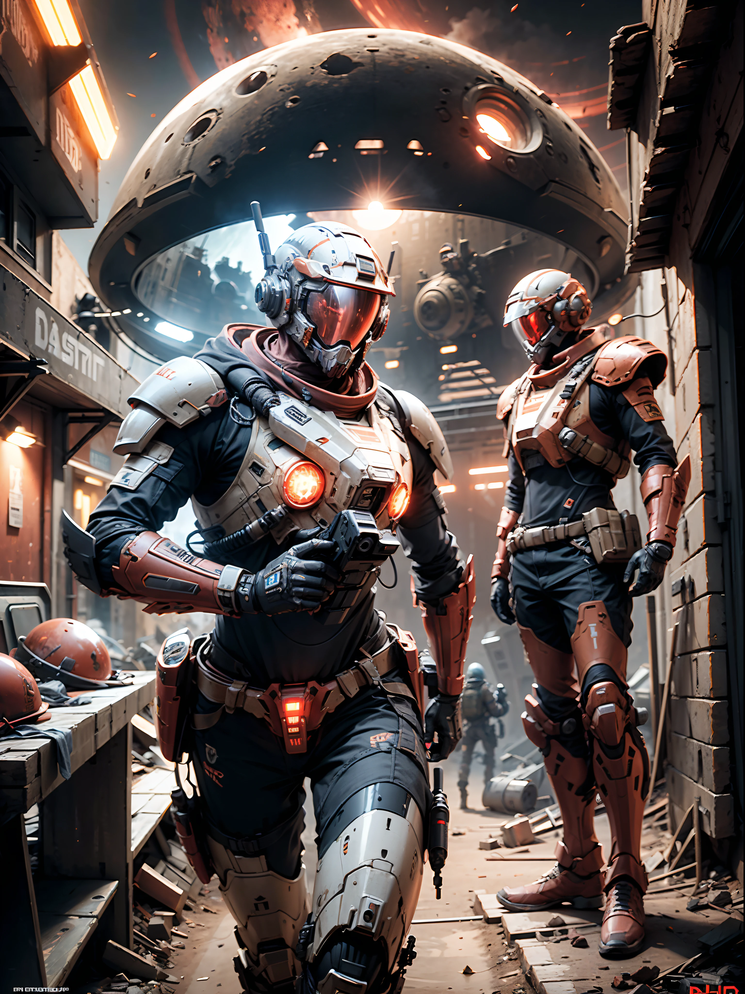 (futuristic :1.4), Search and Rescue Unit,3 boys, Searching in ruins with scanning devices, ((futuristic armor AND tactical helmet)), ((RED PLANET in background)) , UHD, MASTERPIECE