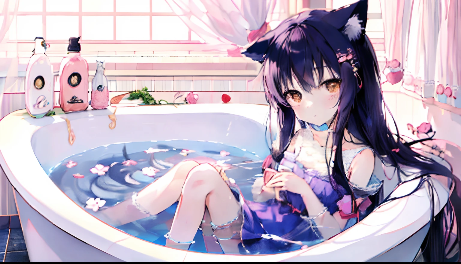 Anime girl in the bathtub，Wearing a cat hat and a gorgeous dress, anime moe art style, nekomimi, cute anime catgirl, [ 4 K digital art ]!!, Cute anime girl, style of anime4 K, at pixiv, Very beautiful anime cat girl, Pisif, relaxing, beautiful anime catgirl, Cute anime, tinas, (Anime girl)