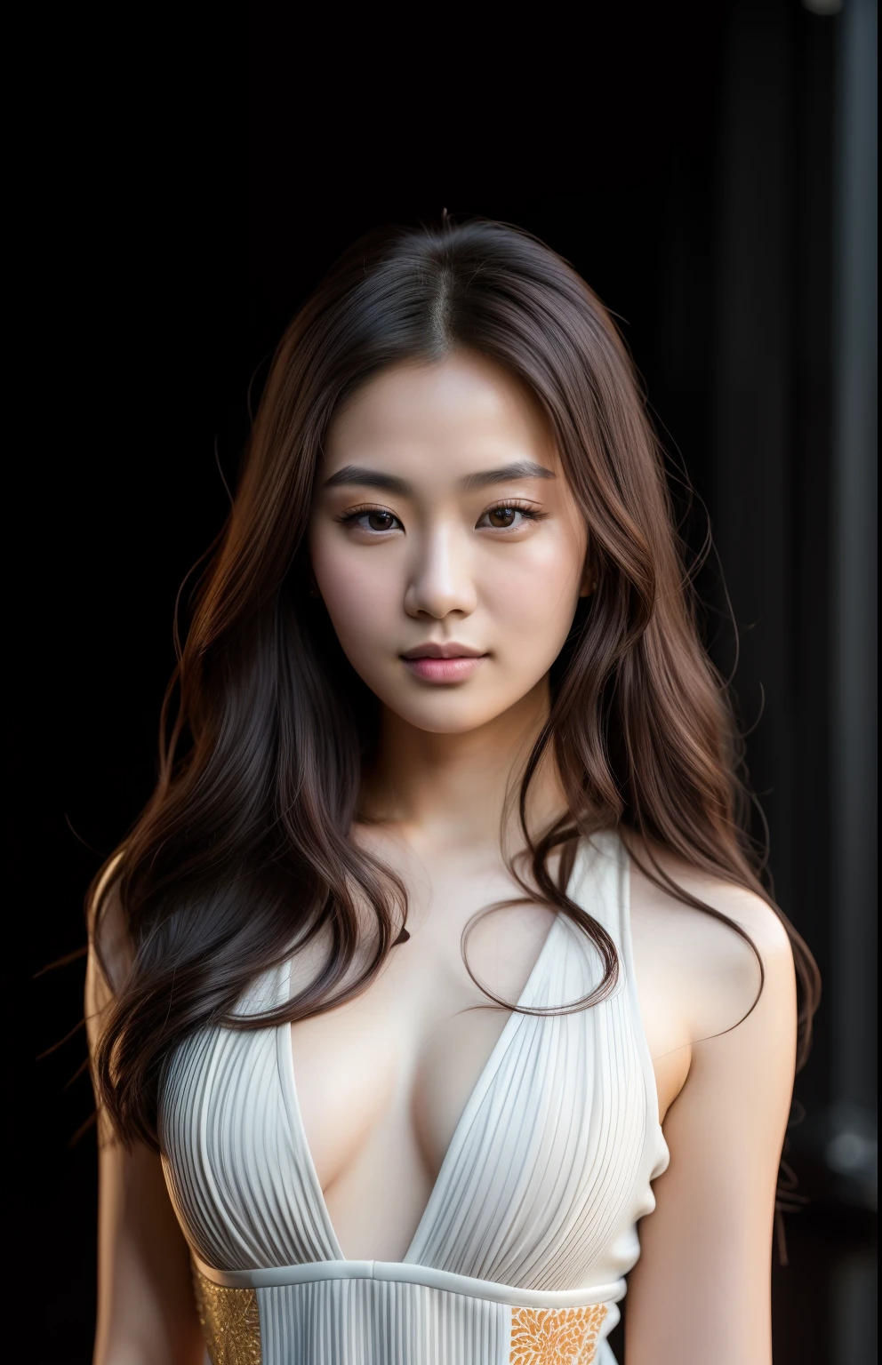 Photo of a 25-year-old Chinese girl, primitive, Beautiful woman, (extra long wavy brown hair), ((Portrait)), ((Detailed face: 1.2)), ((Detailed facial features)), (Fine fine skin), Pale skin, Transparent clothing, BodyCon hasmat BodyCon Highly detailed deep neckline, megacity environment, (Cool colors), Damp, Damp, pondering, (Masterpiece) (perfectly proportions)(Realistic photo)(Best quality) (Detailed) shot on a Canon EOS R5,  50mm lens, f/2.8, hdr, (8K) (the wallpaper) (Cinematic lighting) (Dramatic lighting) (Sharp focus) (Intricate)