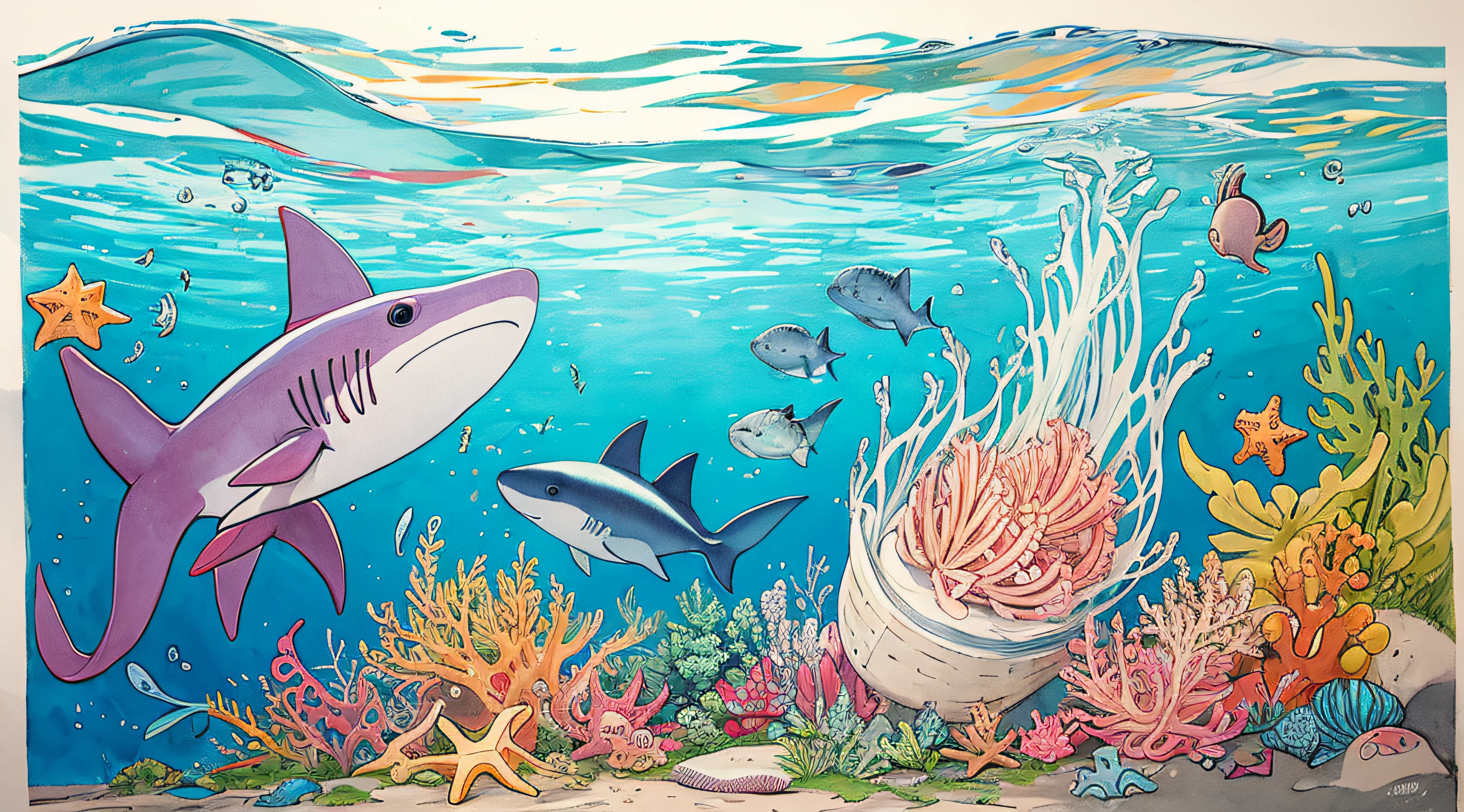 （tmasterpiece，top-quality，best qualityer，aquarelle（Curly），offcial art，Beauty and aesthetics：1.2），colorful，cartoonish style，Baby sharks，Small octopus，Small crabs，Little starfish，Little dolphins，In the middle is submarine 1.5，