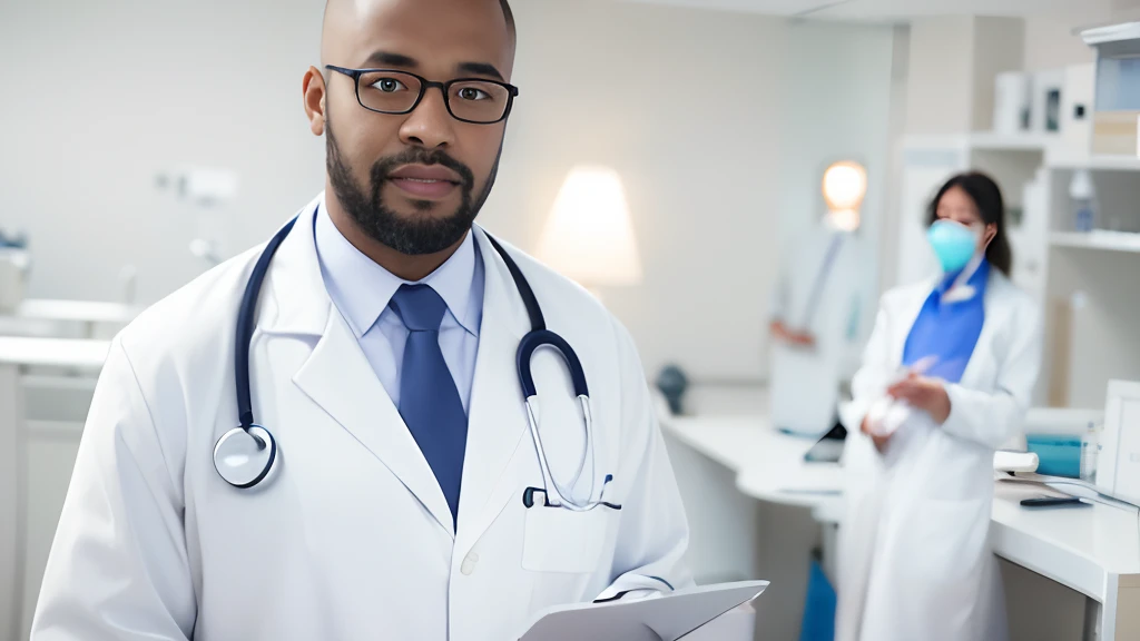 a close up of a doctor holding a clipboard in a hospital, male physician, doctor, medical doctor, (doctor), healthcare worker, wearing a white lab coat, with a stethoscope, professional image, wearing a labcoat, center of image, foxish guy in a lab coat, wearing lab coat, wearing lab coat and glasses