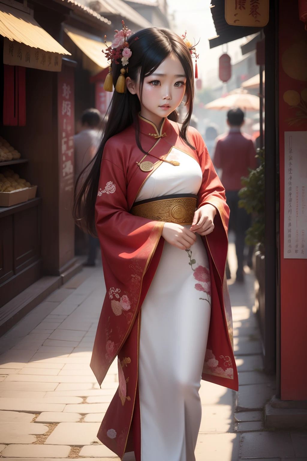 The girl who resembles Wang Churan is dressed in ancient Chinese costume,Walk the old streets,Lots of small shops next door