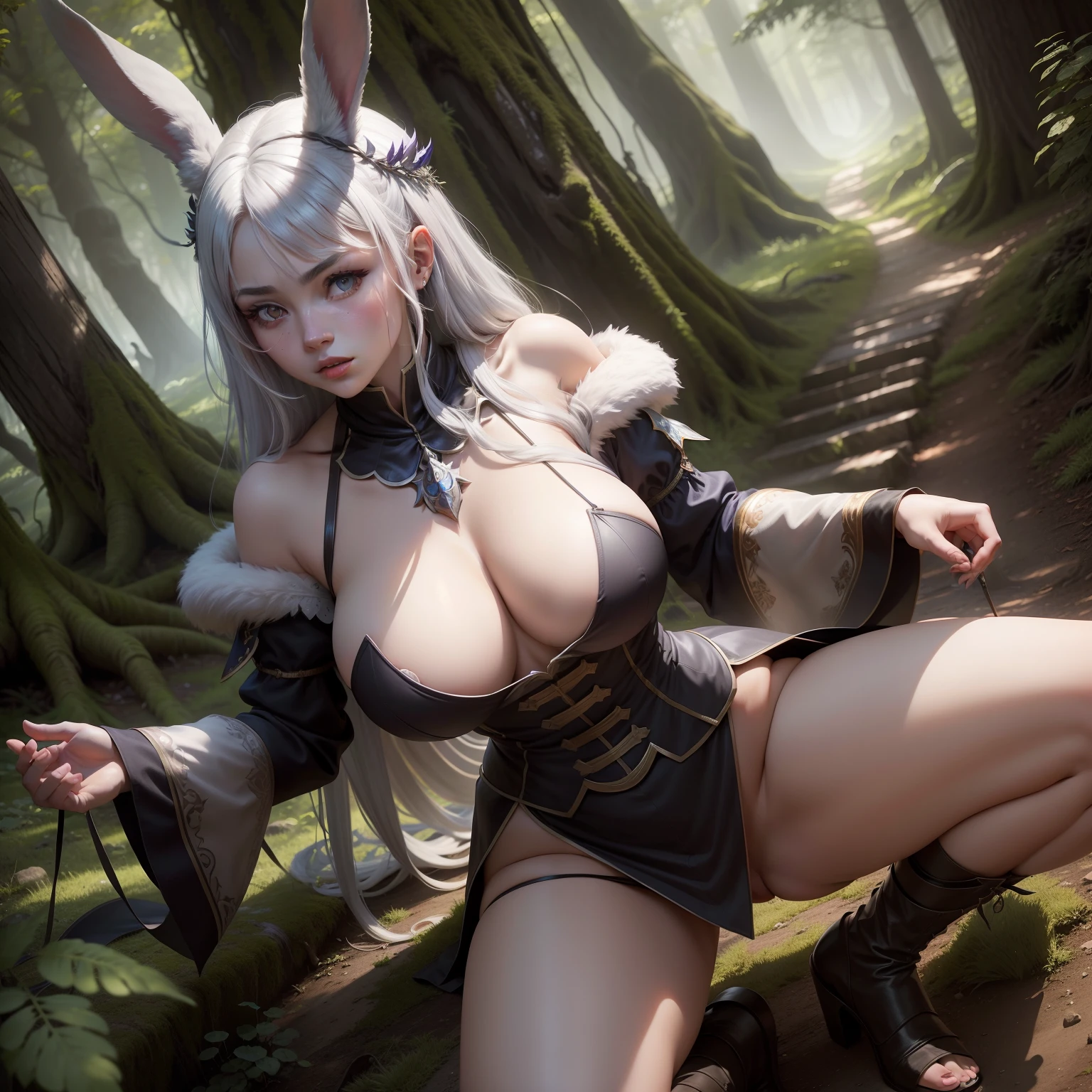 Beast Woman Hunting life infp young woman
Dress of medieval Europe,Game adventurer's attire、 and draw the full body、high-level image quality、8K,Raw photo、(masutepiece, High resolution, Photorealsitic:1.4), (Beastman woman with sensual breasts:1.3), 、There are rabbit ears on the head、Silver-colored hair、Earth Eye、We are in the forest、Breasts are big、Combat stance、The big dragon is on the side as a companion