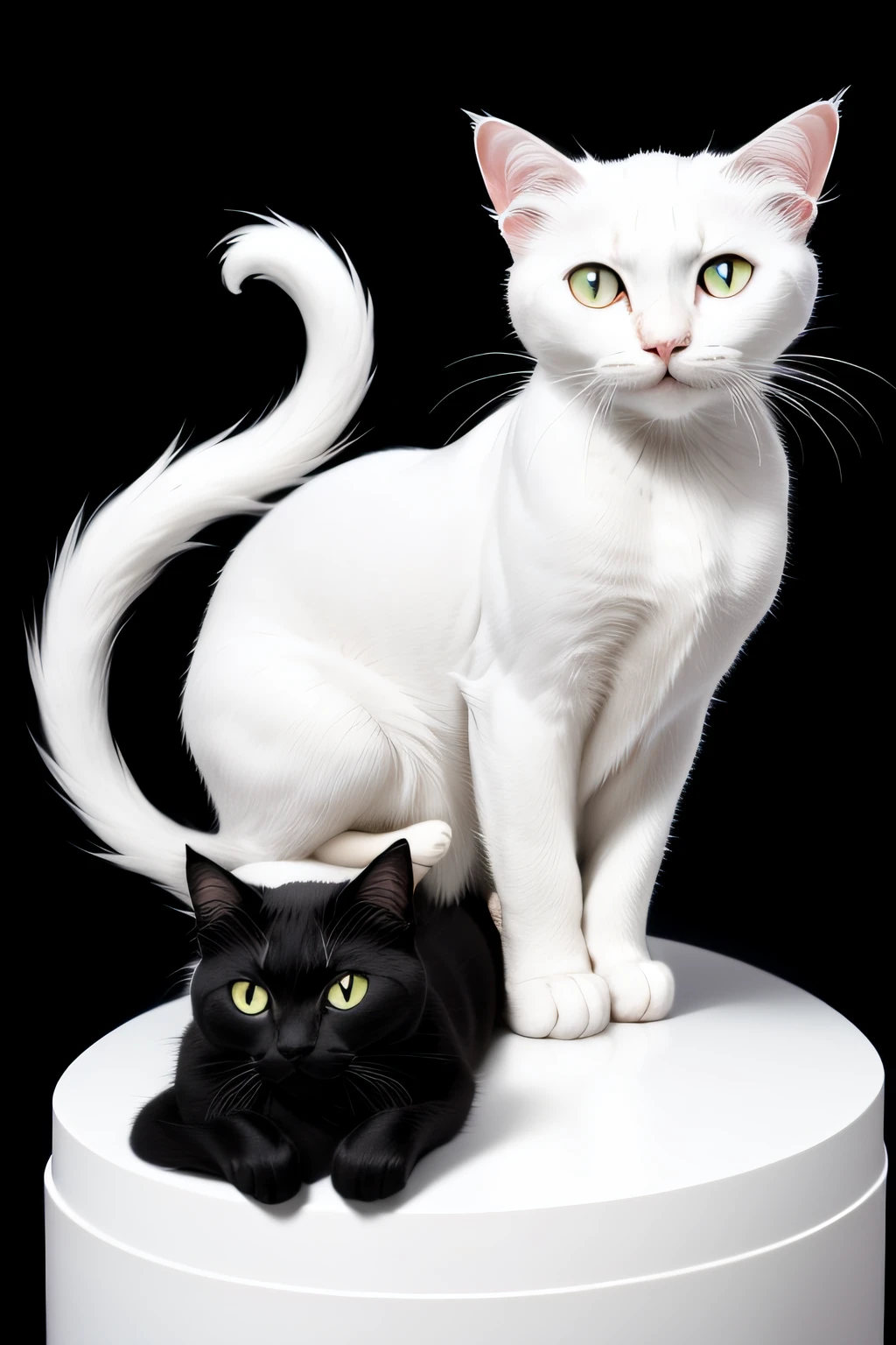 White cat on top of black cat, white cat bigger and shinier, clean background