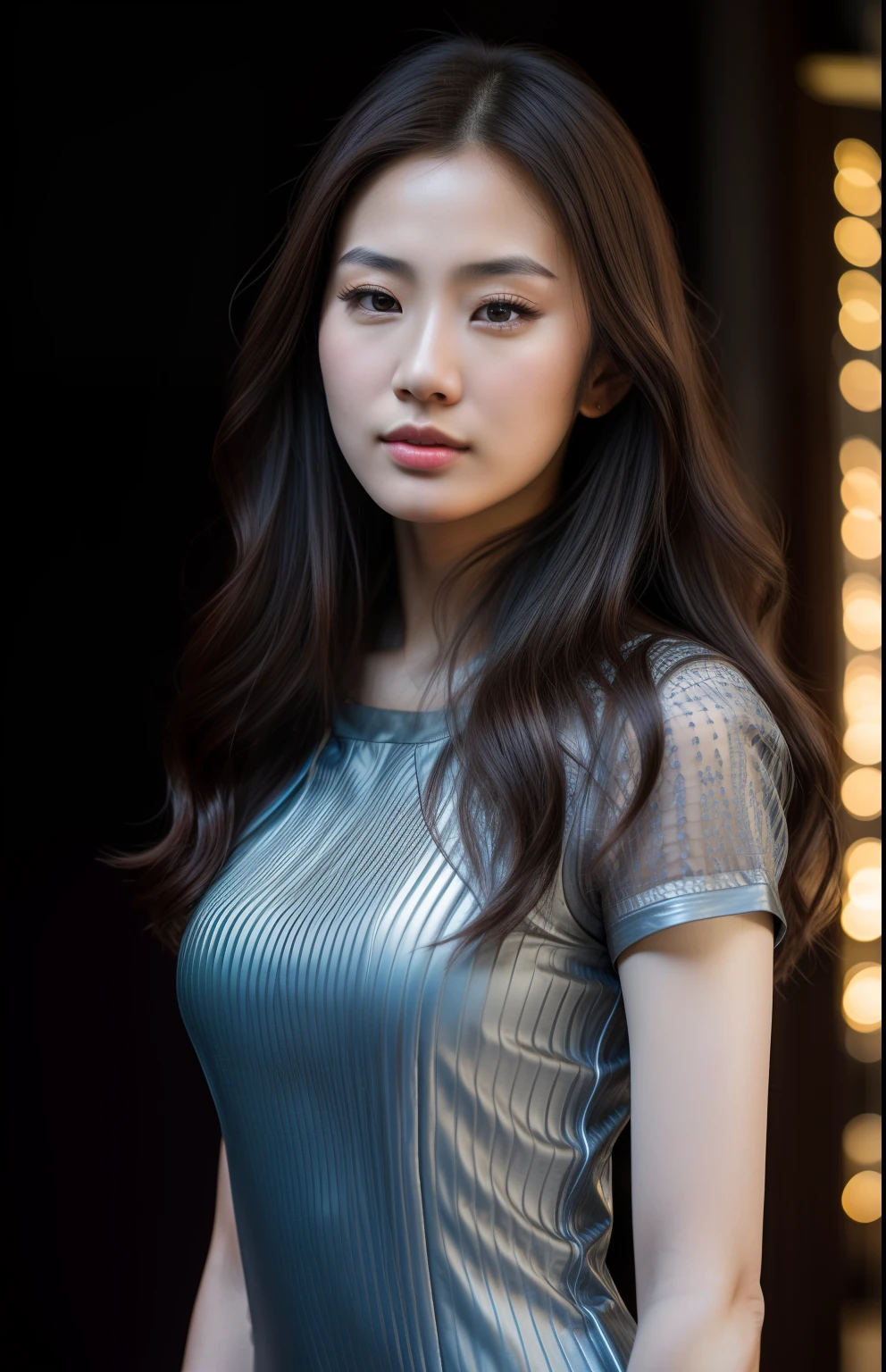 Photo of a 25-year-old Chinese girl, primitive, Beautiful woman, (extra long wavy brown hair), ((Portrait)), ((Detailed face: 1.2)), ((Detailed facial features)), (Fine fine skin), Pale skin, Transparent clothing, BodyCon hasmat BodyCon Highly detailed deep neckline, megacity environment, (Cool colors), Damp, Damp, pondering, (Masterpiece) (perfectly proportions)(Realistic photo)(Best quality) (Detailed) shot on a Canon EOS R5, 50mm lens, f/2.8, hdr, (8K) (the wallpaper) (Cinematic lighting) (Dramatic lighting) (Sharp focus) (Intricate)