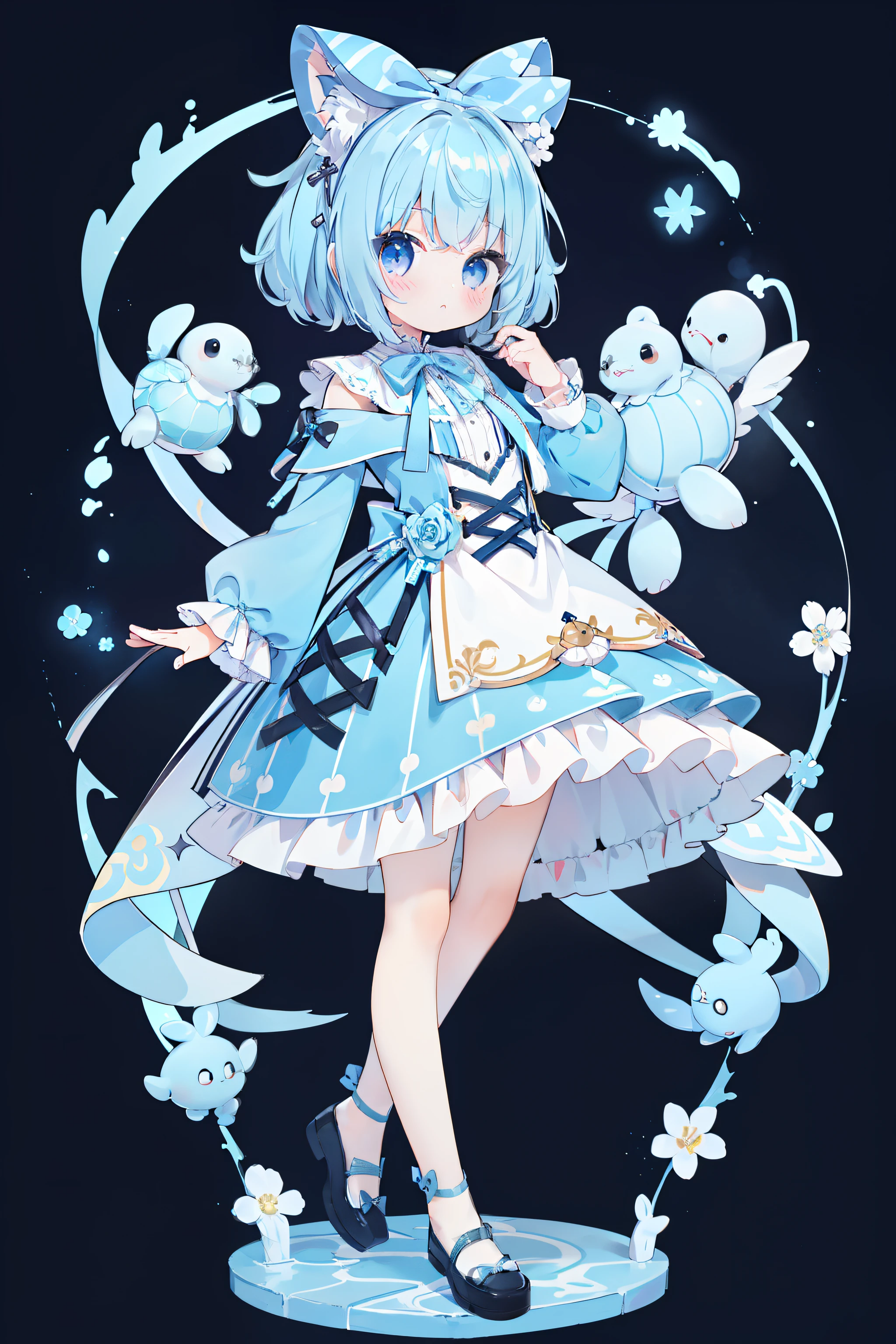 One girl、Short stature、、lightblue hair、Light blue eyes、Cute Baby Turtle、Straigace、Pop background、tmasterpiece、top-quality、Top image quality、8K、bow ribbon、Ribbon on the back、Ribbon dress、